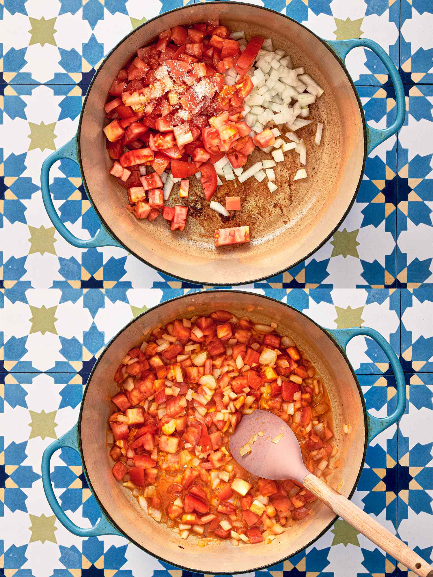 Two pots of diced tomatoes and onions being sauted one pot with raw ingredients the other as they started cooking