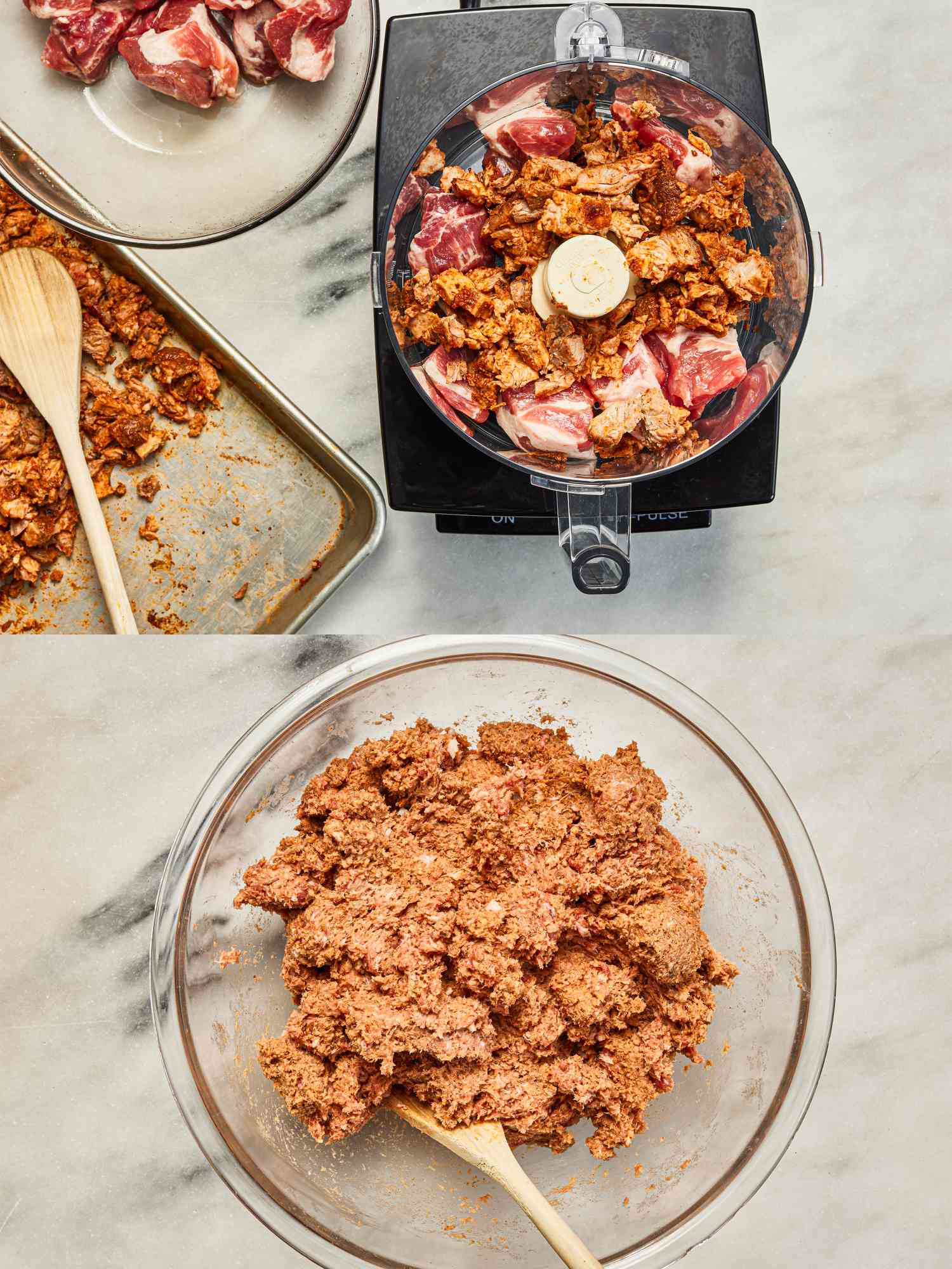 Two image collage of meat in a food processor before and after being processed
