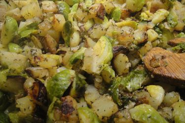 Brussels sprouts and potato hash in a skillet. 