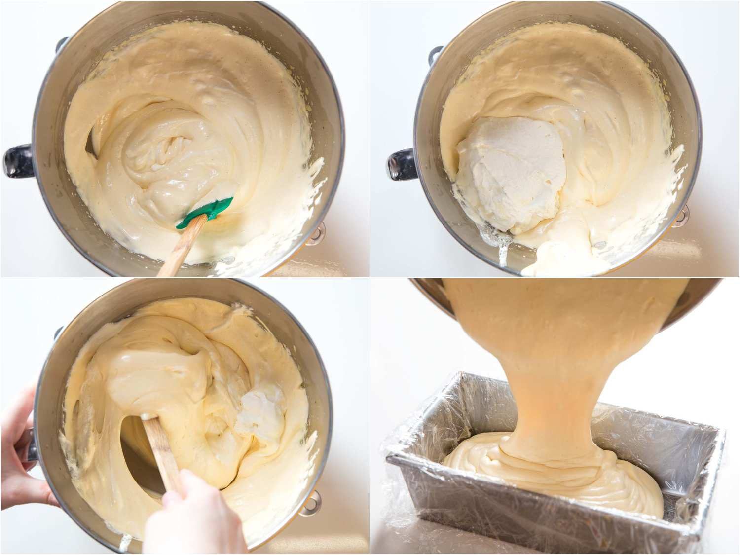 A 4-image collage: folding whipped cream into the semifreddo base and transferring the mixture to a loaf pan to chill. 