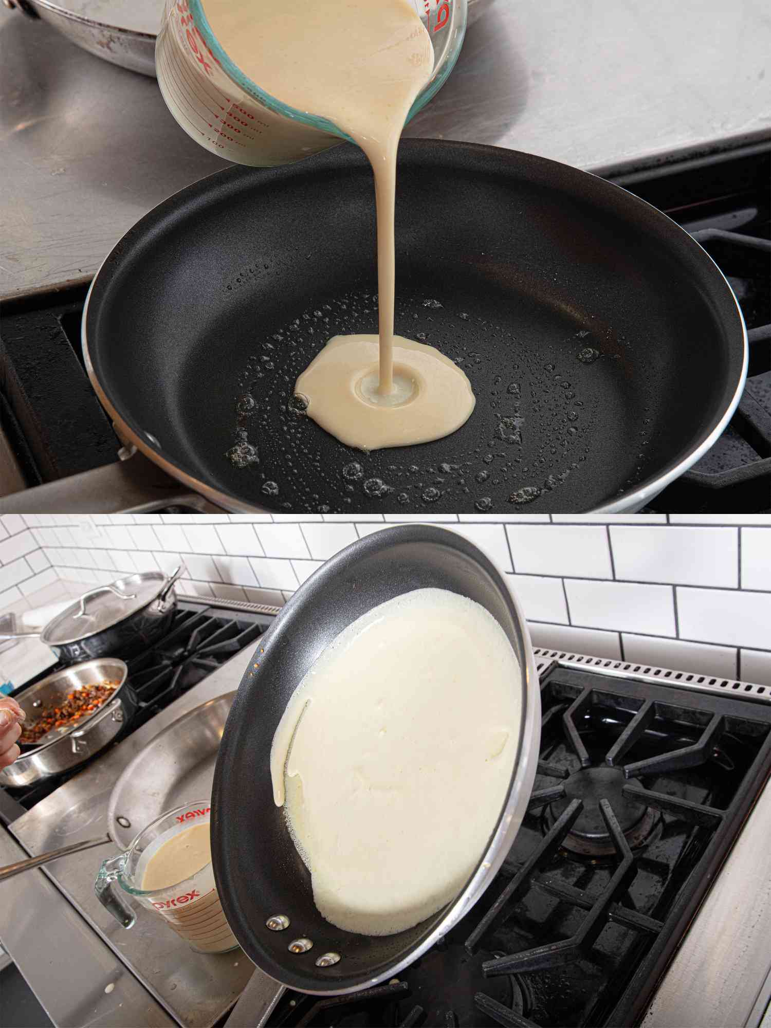 Two image collage of pouring crepe batter
