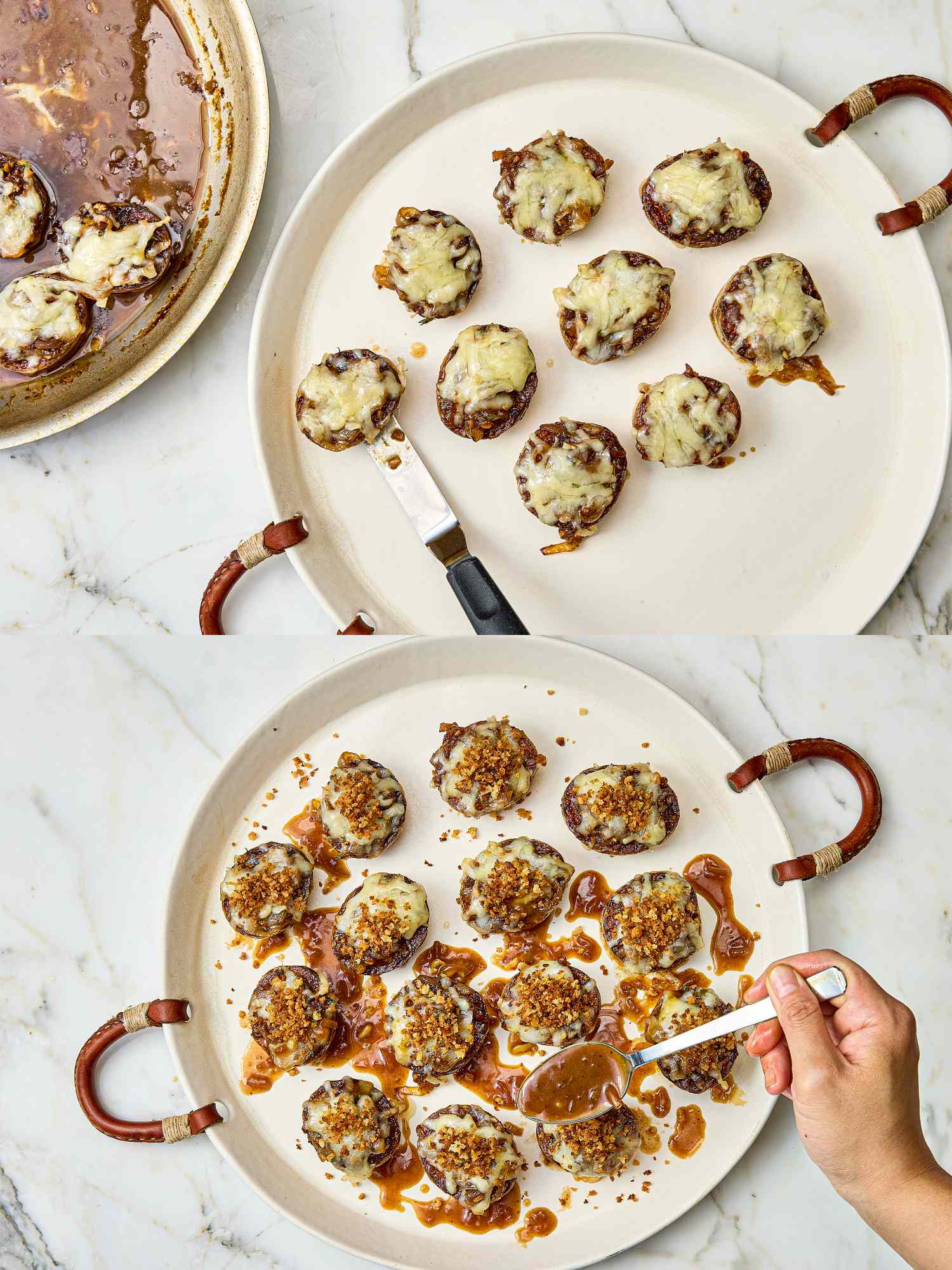 Two stages of preparing stuffed potatoes with cheese with sauce being poured by hand in one image