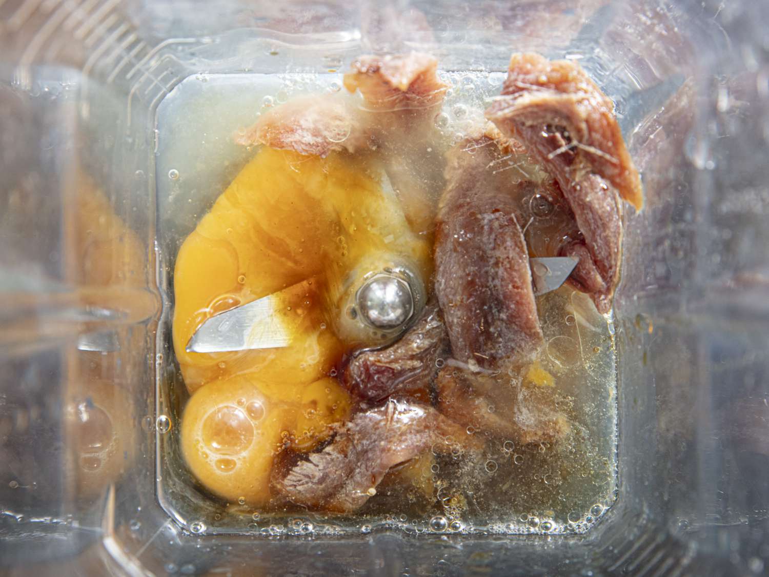 Overhead view of anchovies in blender