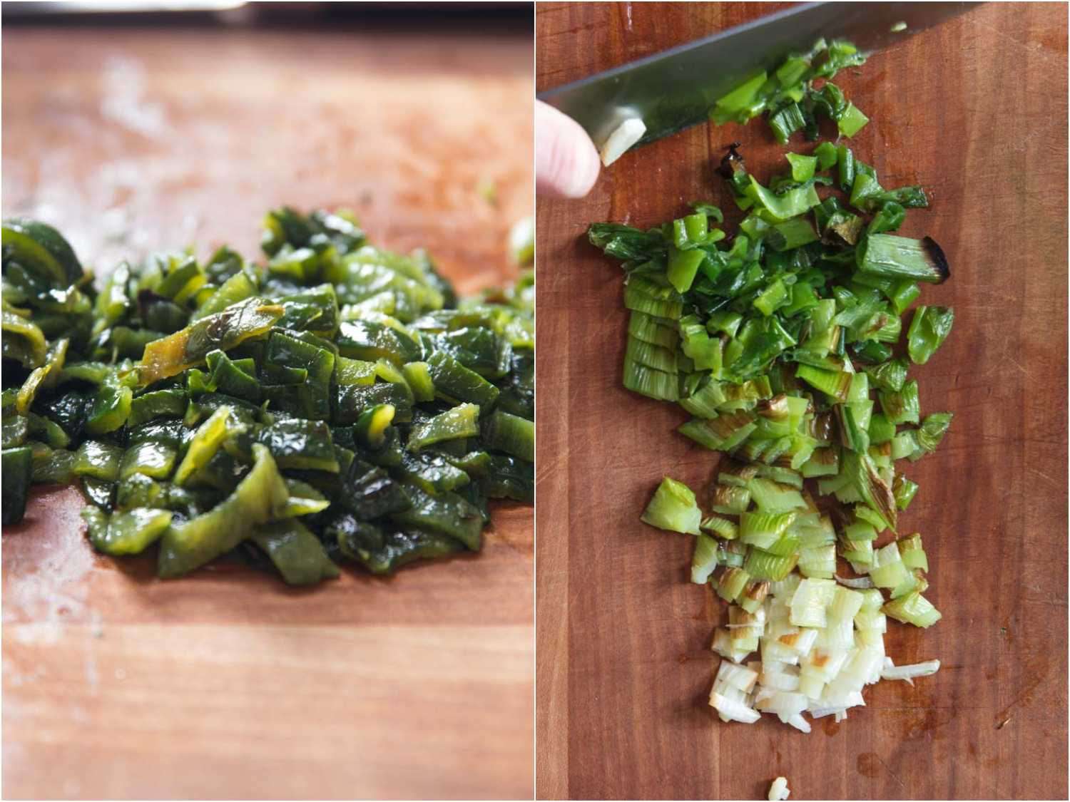 Side by side images of chopped roasted poblanos and scallions on a wooden cutting board.