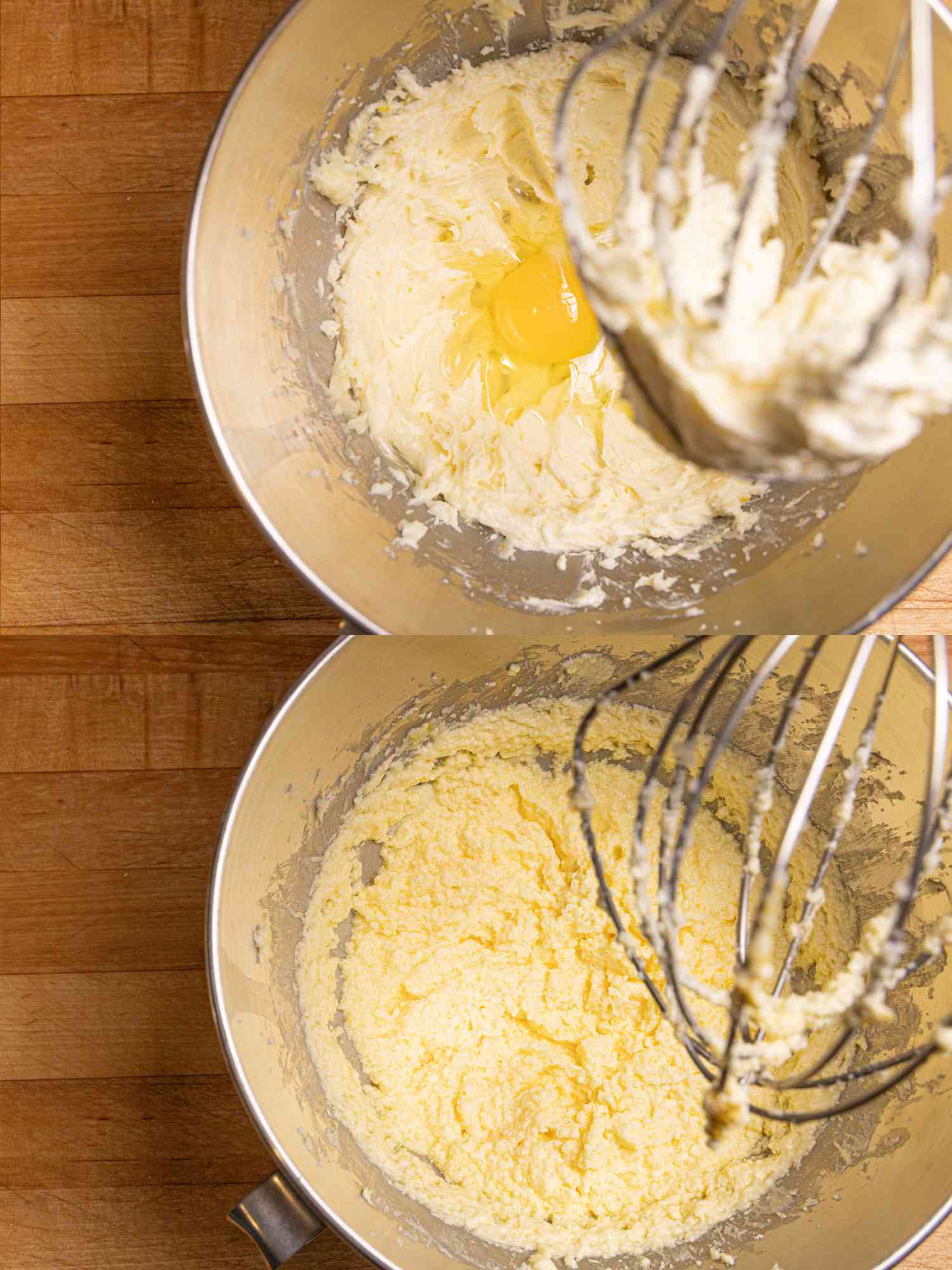 2 image collage. Top: adding eggs to mixture in stand mixer with whisk attachment. Bottom: Eggs whisked into mixture in stand mixer 