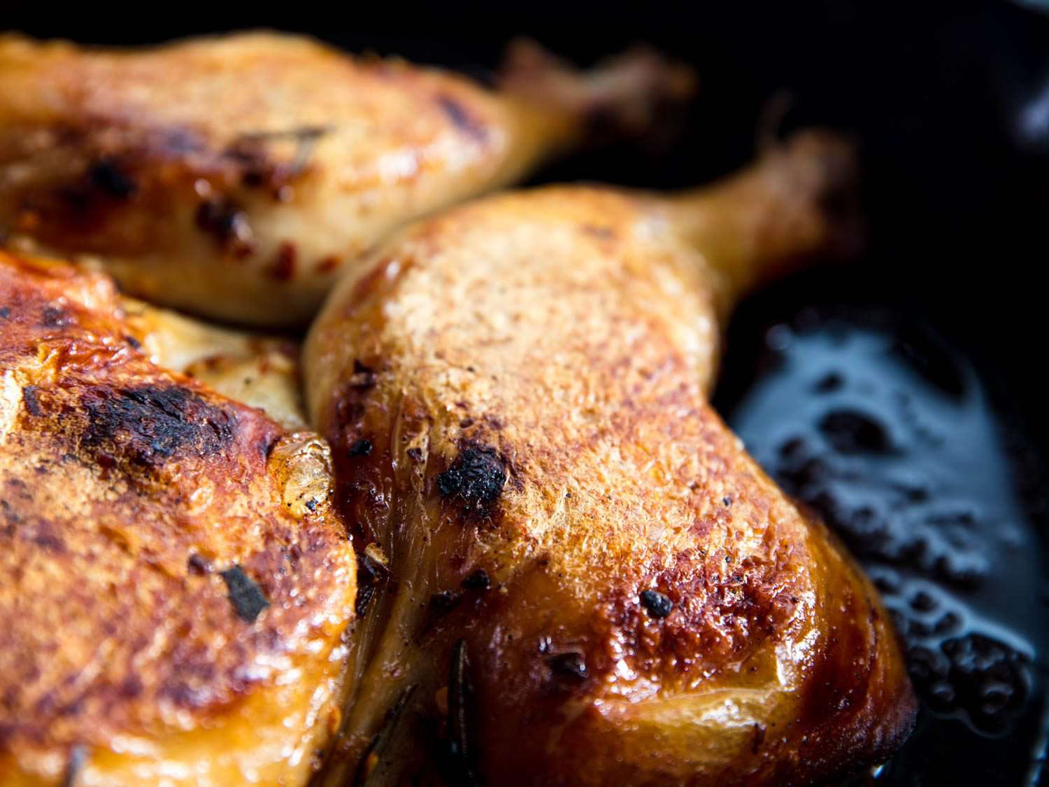 Close-up of burnished skin on roast chicken cooked under a brick (pollo al mattone).