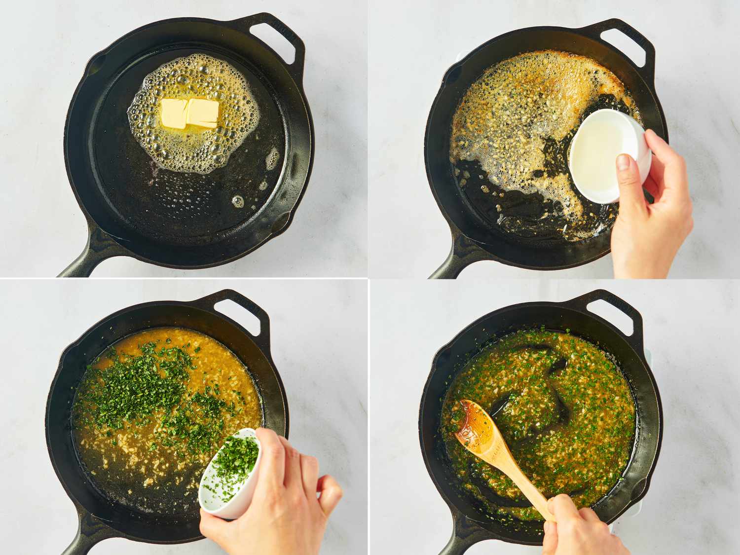Process of preparing a butter, cream, and herb sauce in a cast-iron skillet, shown in four sequential steps