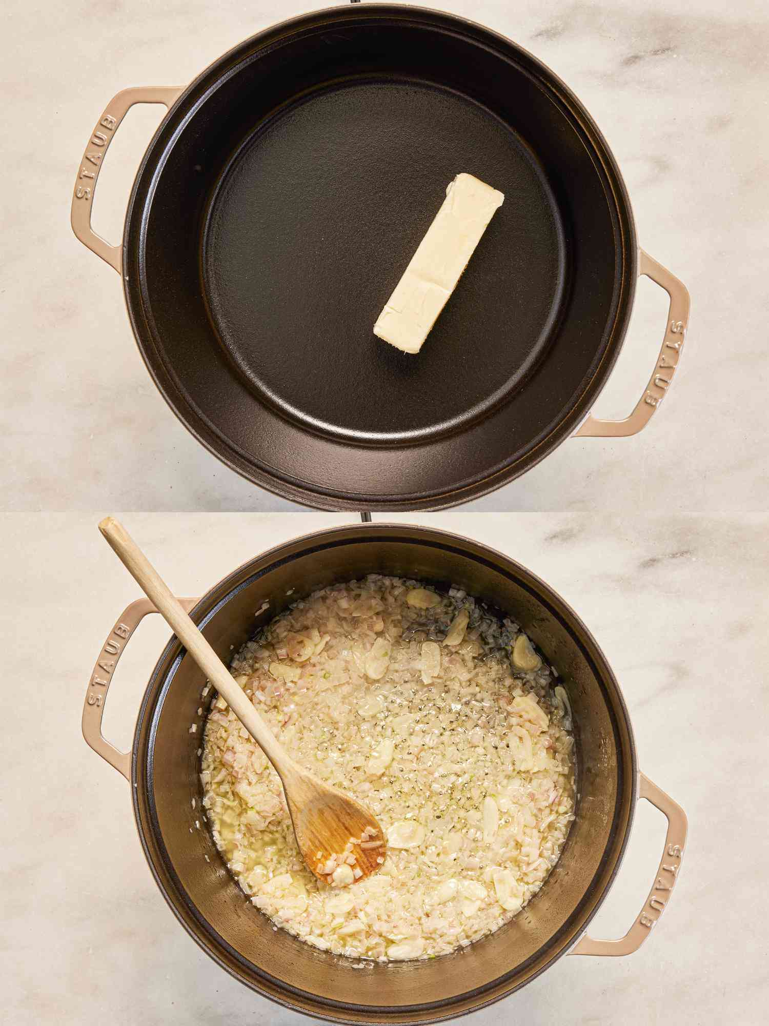 Cooking shallots and garlic in a grey Staub Dutch oven.