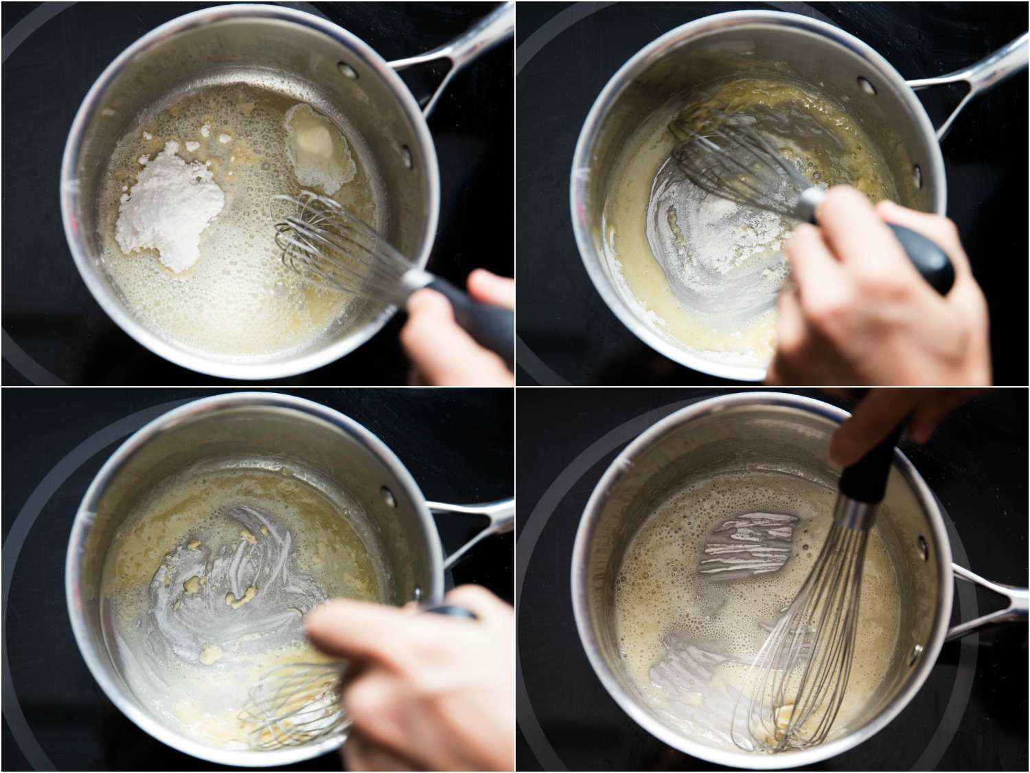 Four images of white roux being made. In the first, the butter has barely finished melting and a small mound of flour has been added. The other three images show the author progressively whisking the flour into the butter. In the last image, the mixture is homogenous paste and forming small bubbles.