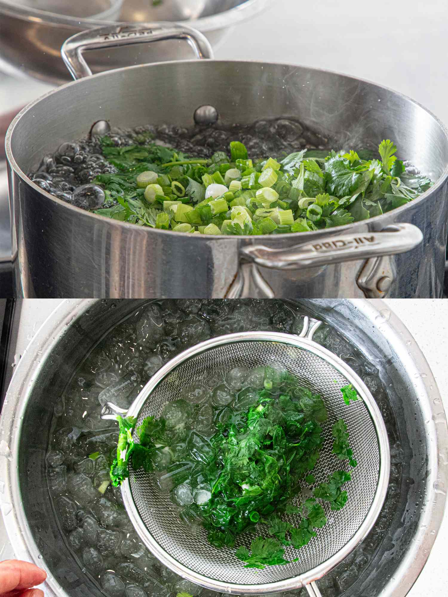 Top shows greens boiling in a pot of water bottom displays rinsing greens in a colander over a bowl of ice water
