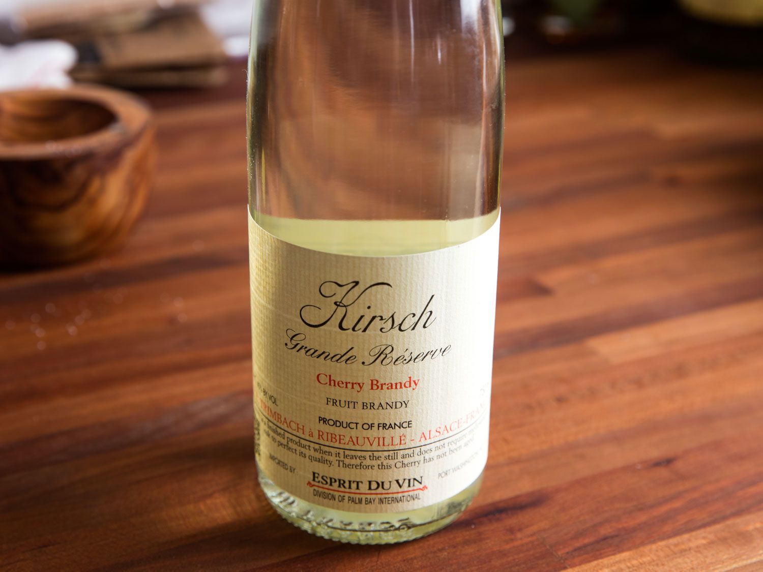 A bottle of Kirsch for making choucroute garnie.