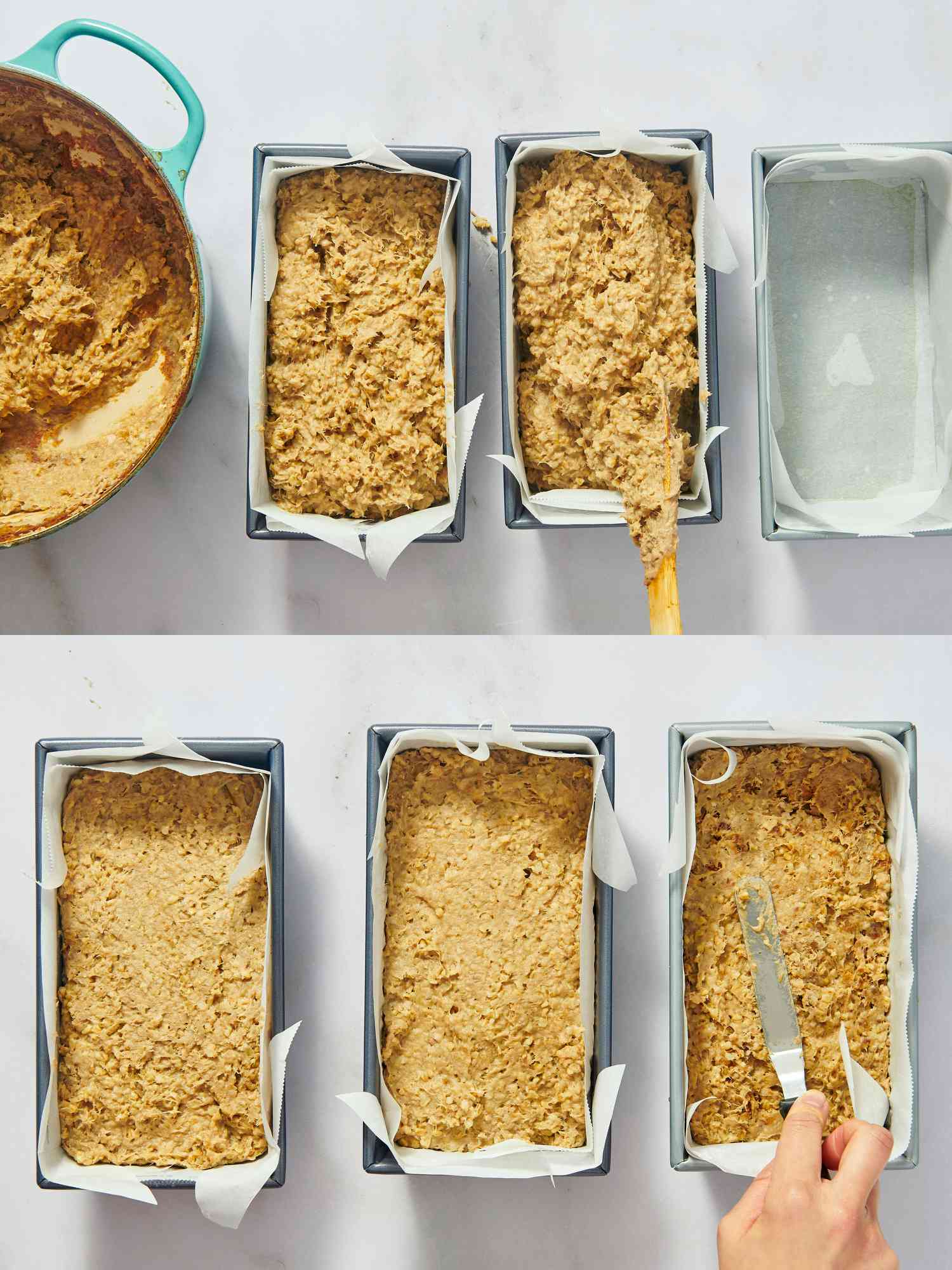 2 image collage. Top: Spooning goetta into 3 tins. Bottom: pressing goetta into tins with an offset knife 
