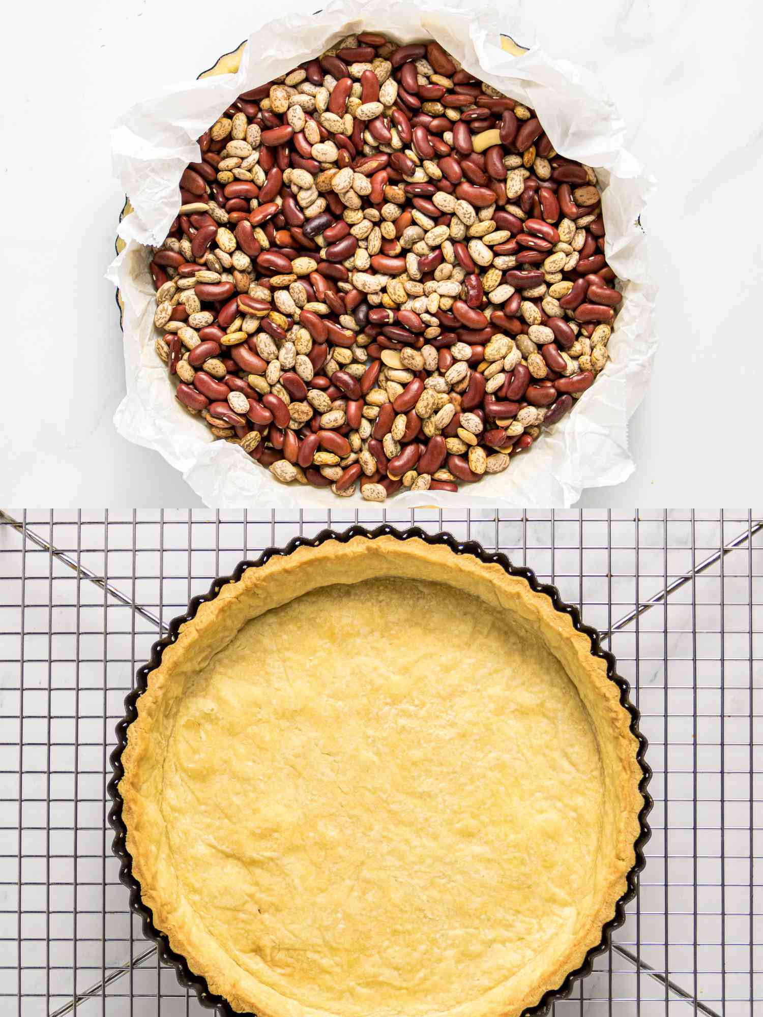 Blind baking process showing a tart crust lined with dried beans and the crust after baking