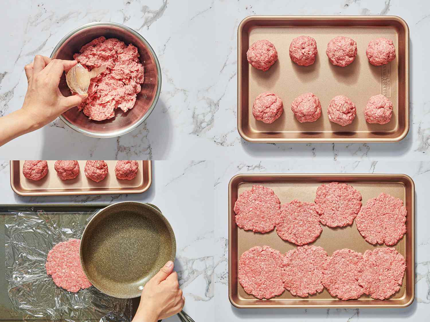Four image collage of preparing and flattening burgers