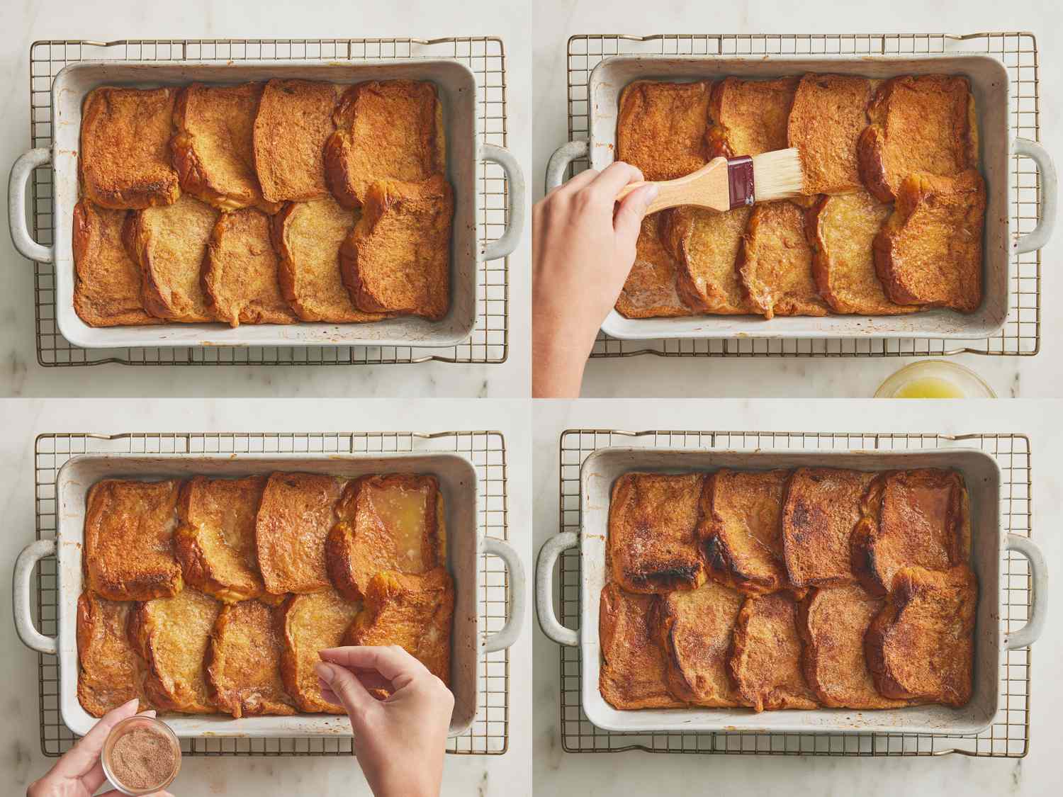 4 image collage. Top Left: Baked French toast casserole in baking pan on cooling rack. Top Right: melted butter brushed onto casserole. Bottom left: sugar springled on casserole. Bottom Right: broiled casserole 