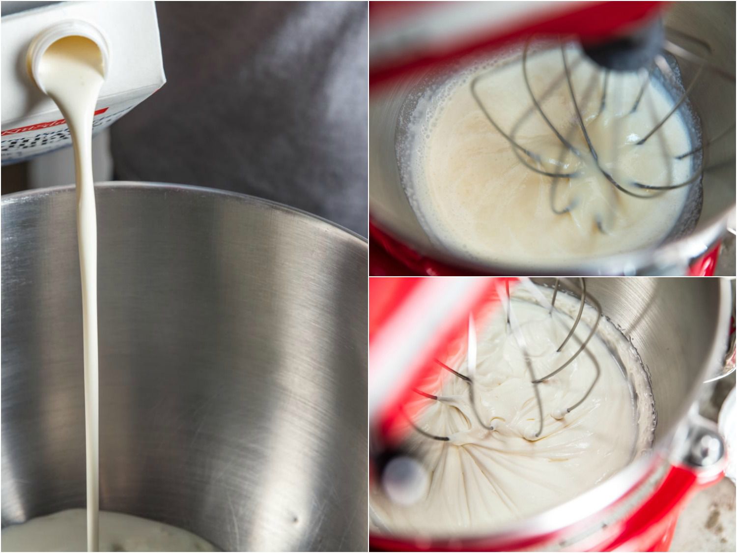 A 3-image collage: adding cream to the bowl of a stand mixer and whisking the cream.