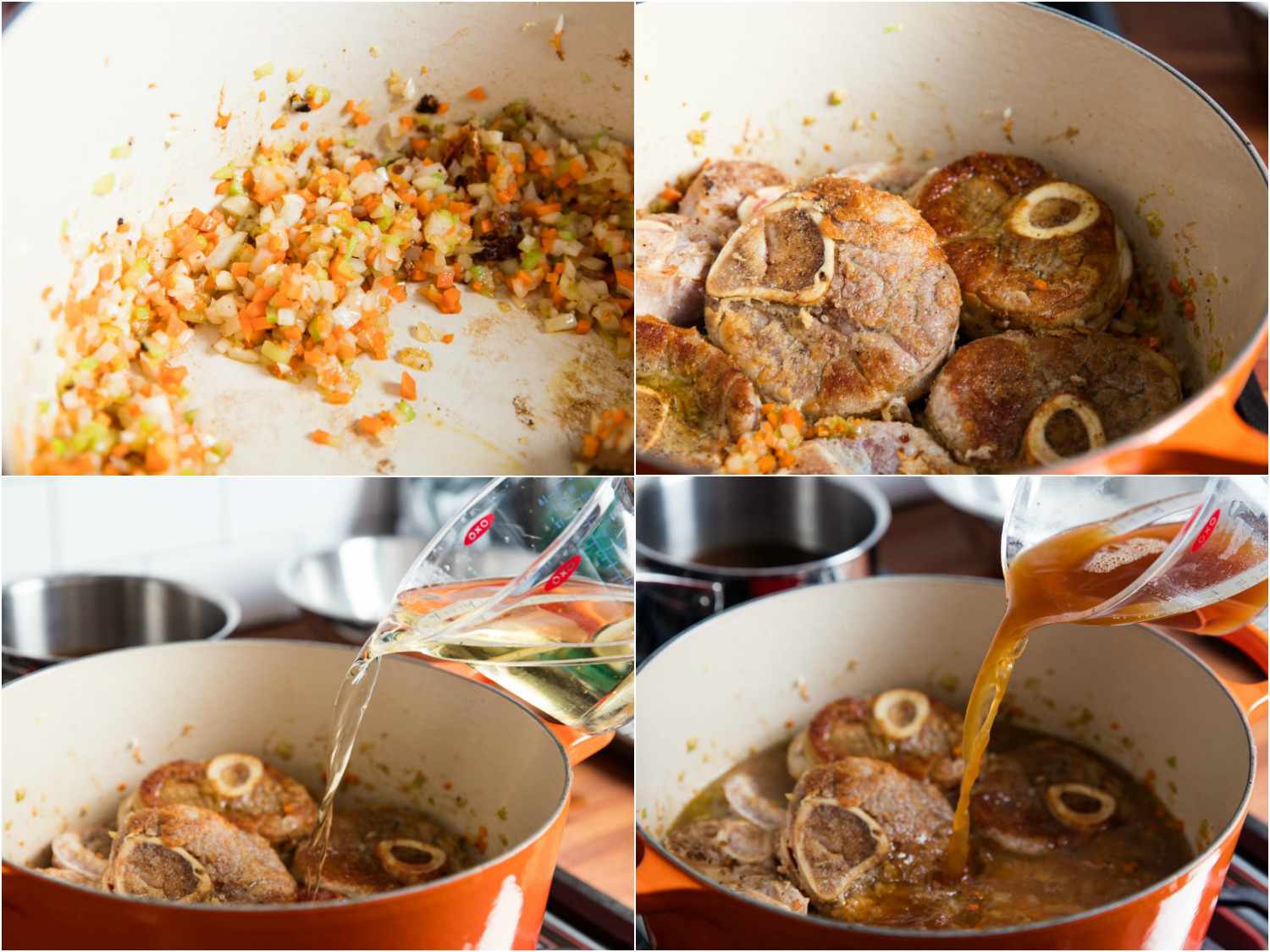 4-image collage showing sauteing aromatics and adding browned veal shanks and cooking liquid to Dutch oven for osso buco.
