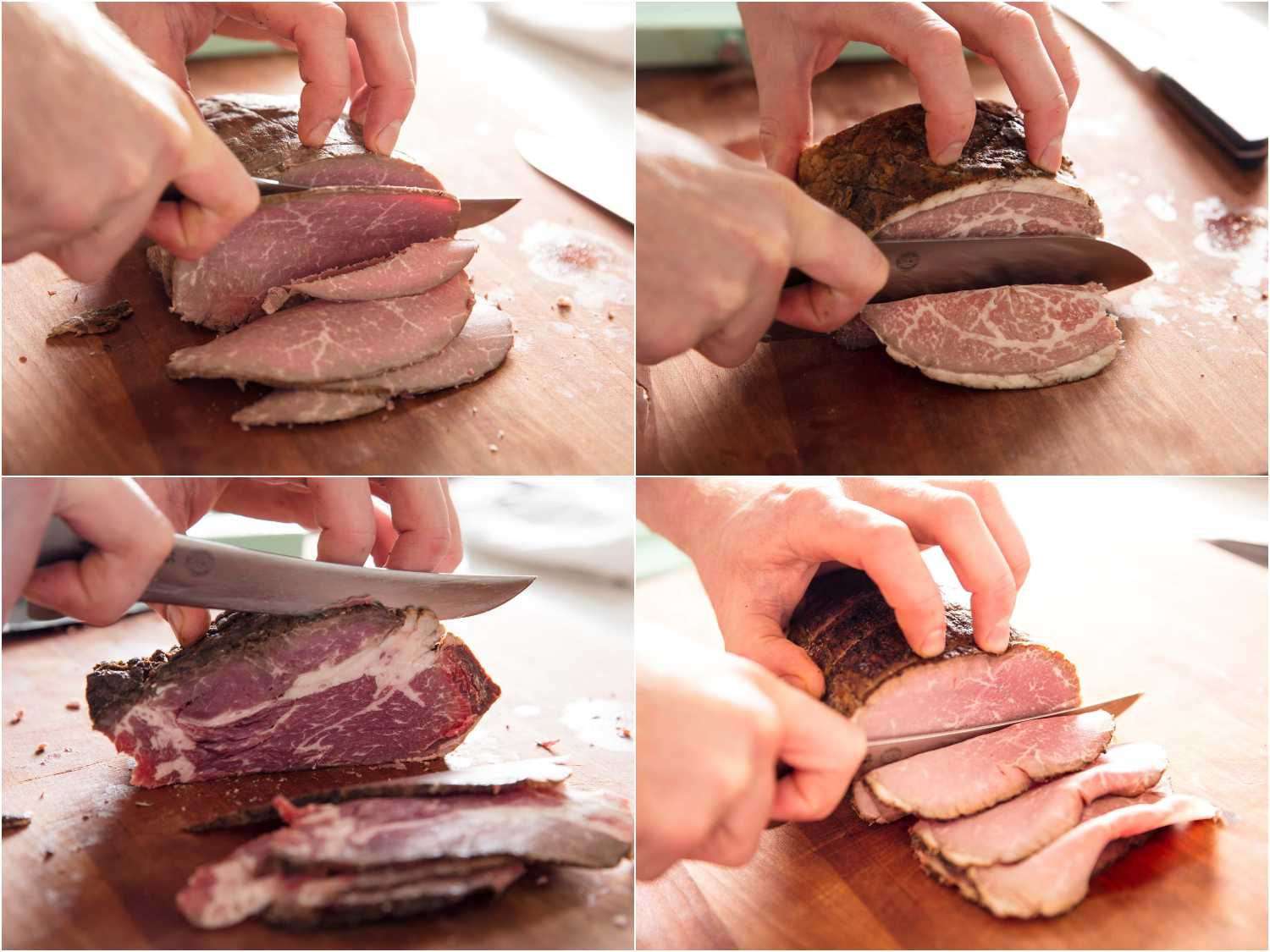 Slicing different cuts of roast beef with a knife for sandwiches.