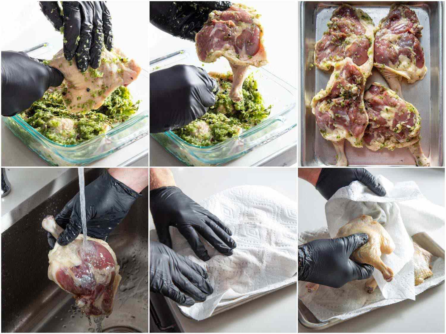 Photo collage of rinsing off allium from duck legs, then patting dry with paper towels.