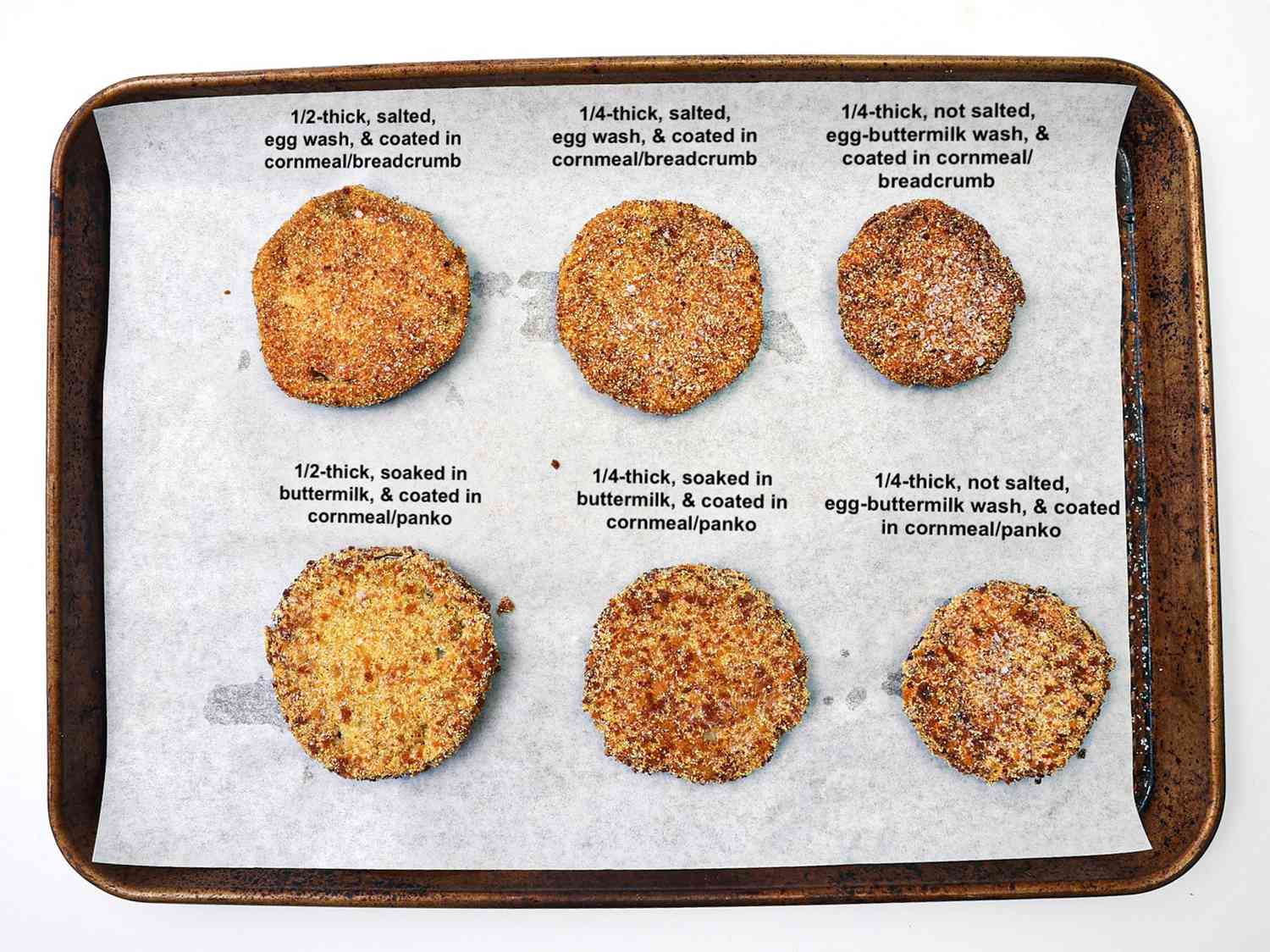 Overhead view of green tomato fry testing