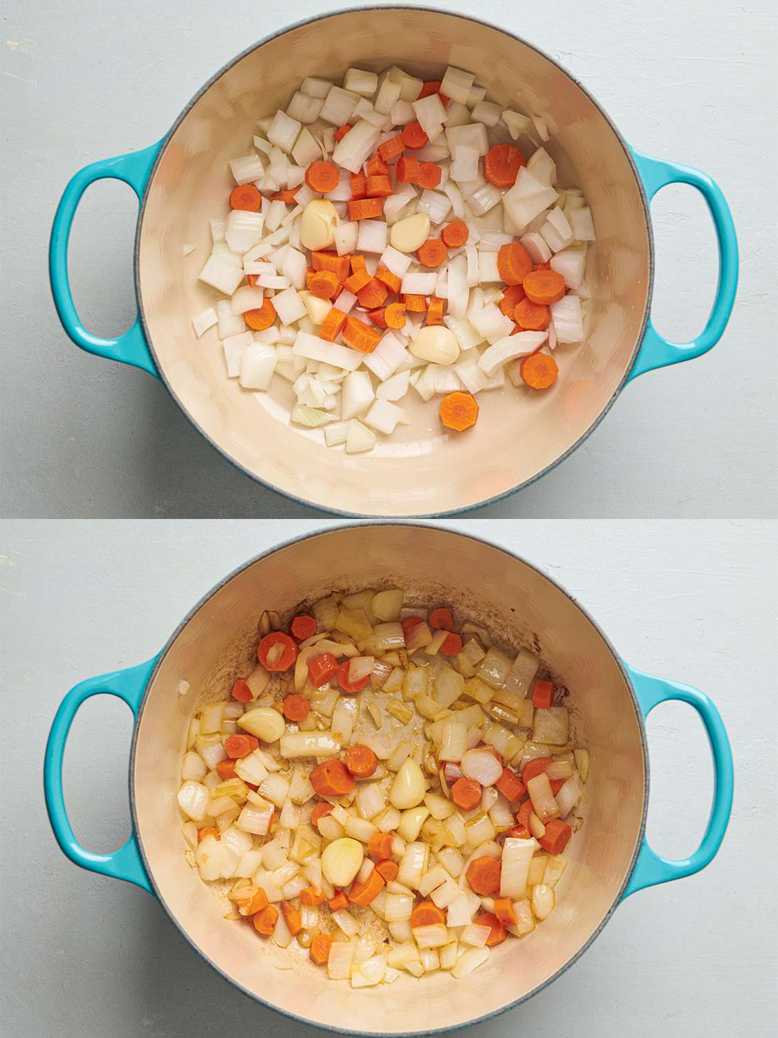A two-image collage. The top image shows chopped onion, garlic, and carrots with cooking oil inside of a Dutch oven. The bottom image shows the vegetables now starting to brown inside of the Dutch oven.