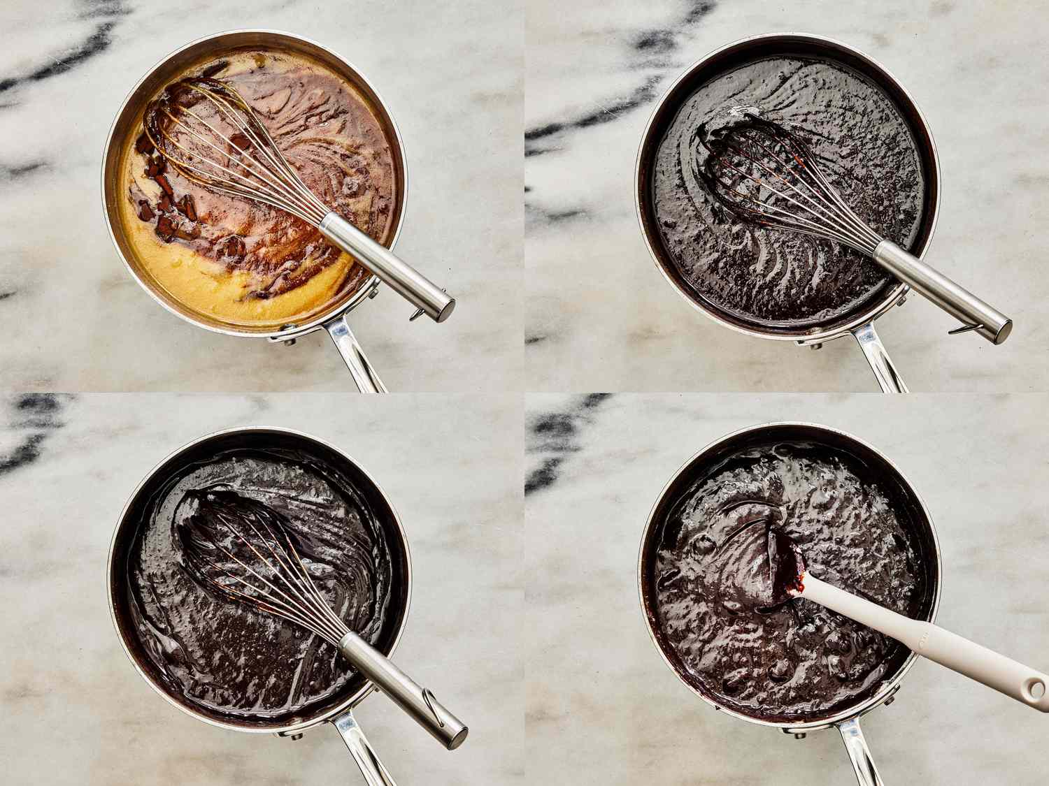 4 image collage: Top Left: Whisking chocolate into sugar in a pot. Top Right: Whisking cocoa powder, coffee, vanilla and salt into pot Bottom Left: Whisking an egg into the mixture. Bottom Right: Folding flour and chocolate into mixture