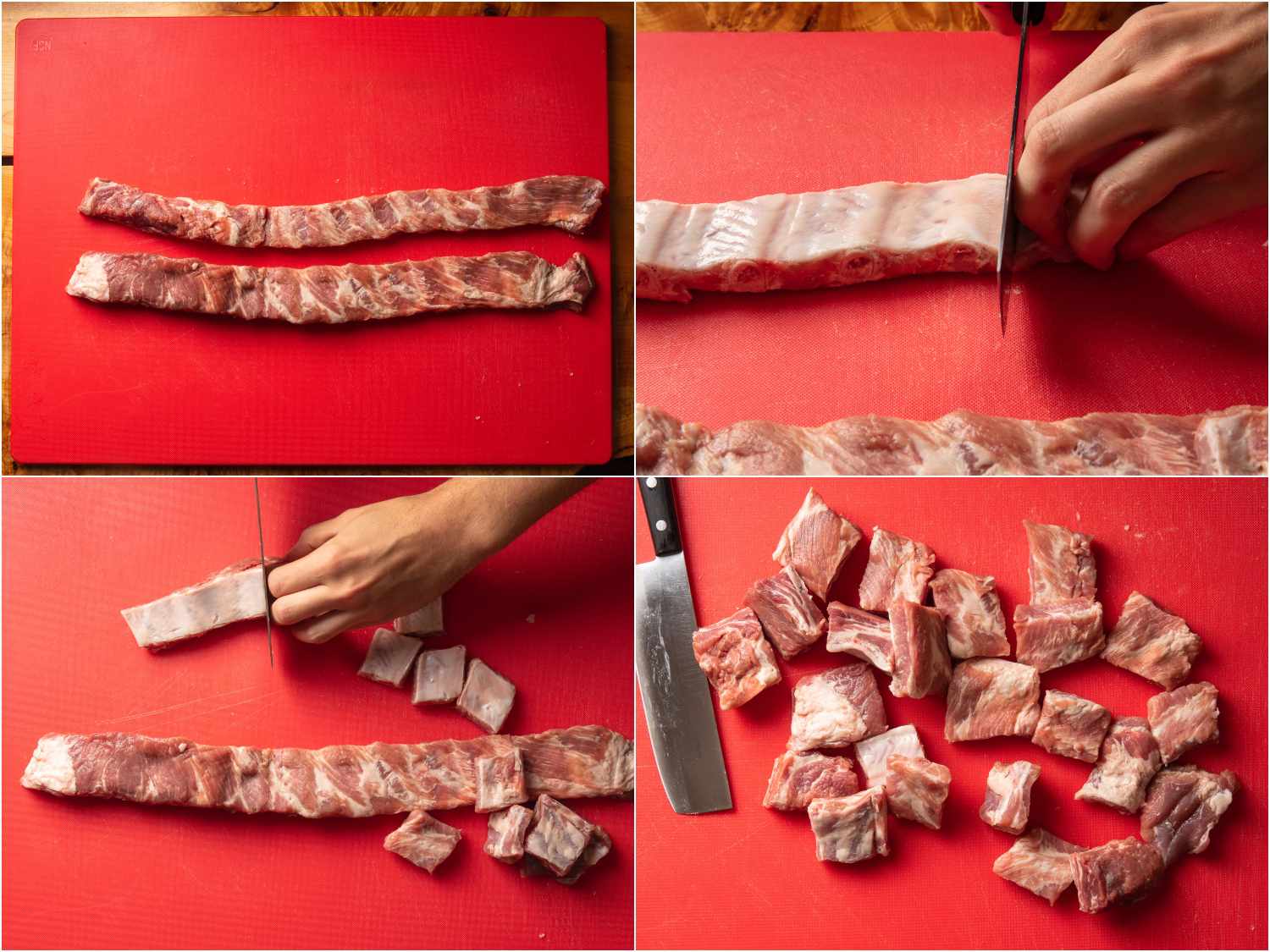 cutting meat between each rib into smaller pieces