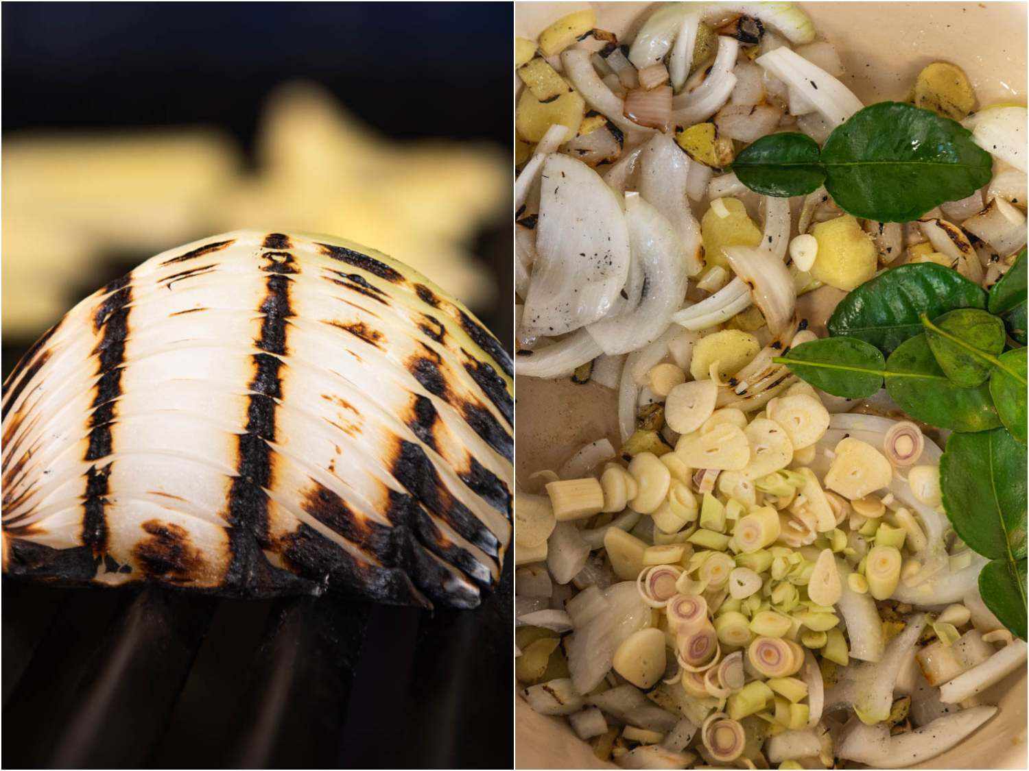 A 2-image collage showing aromatics for khao piak sen broth: charred onion in one photo, plus the pot full of chopped lemongrass, plus lime leaves and more to make the broth for khao piak sen.