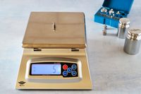 The My Weigh scale with a small weight on top.