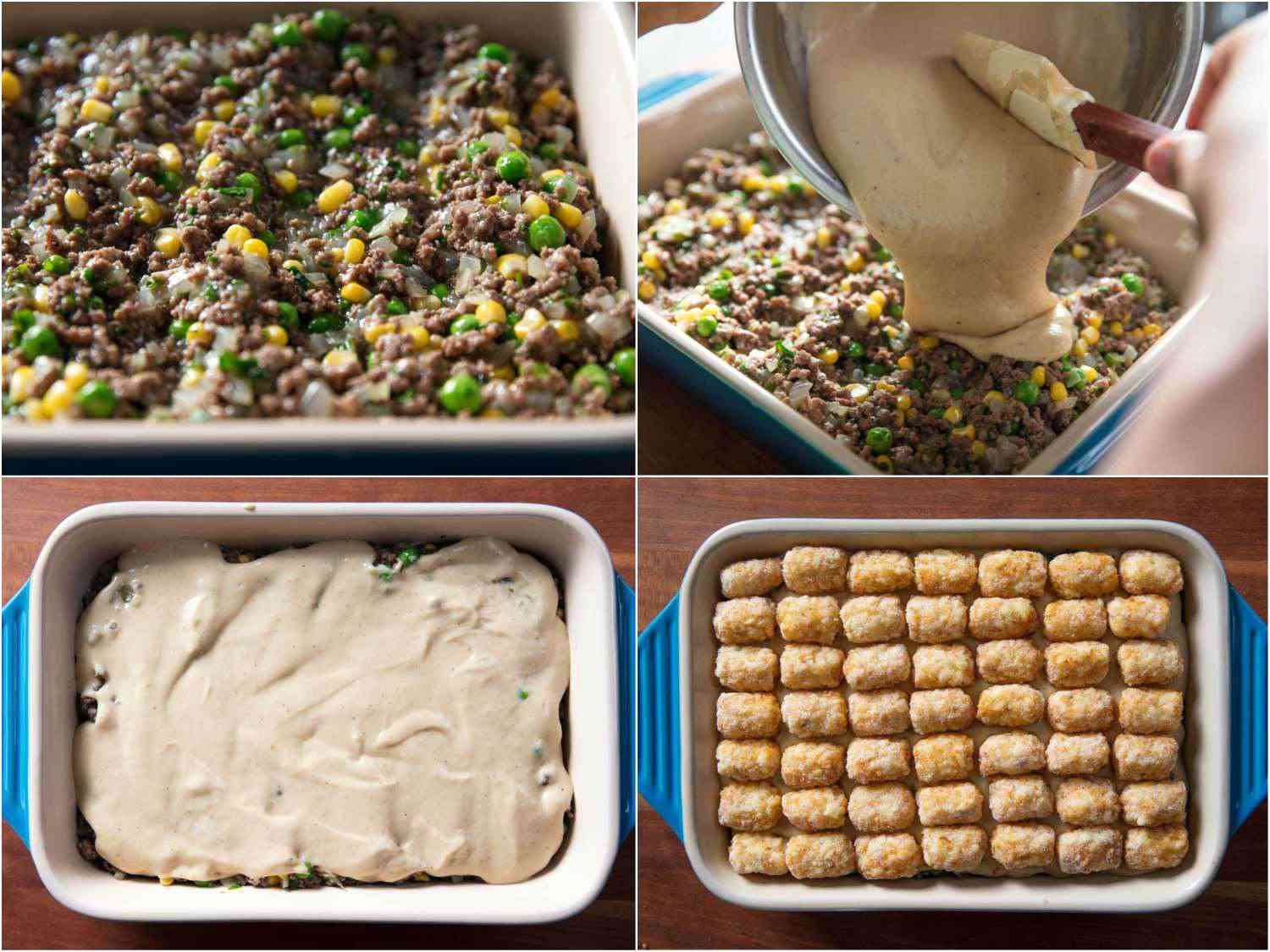 Collage of assembling casserole: beef and vegetable mixture, pouring on mushroom cream sauce, sauce spread out evenly, tater tots arranged in rows on top.