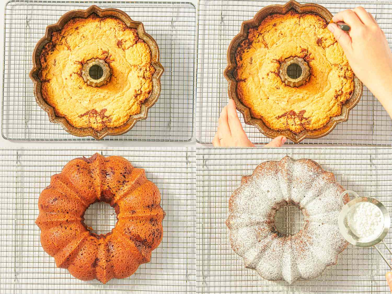 Steps of preparing a bundt cake showing removal from the pan and dusting with powdered sugar