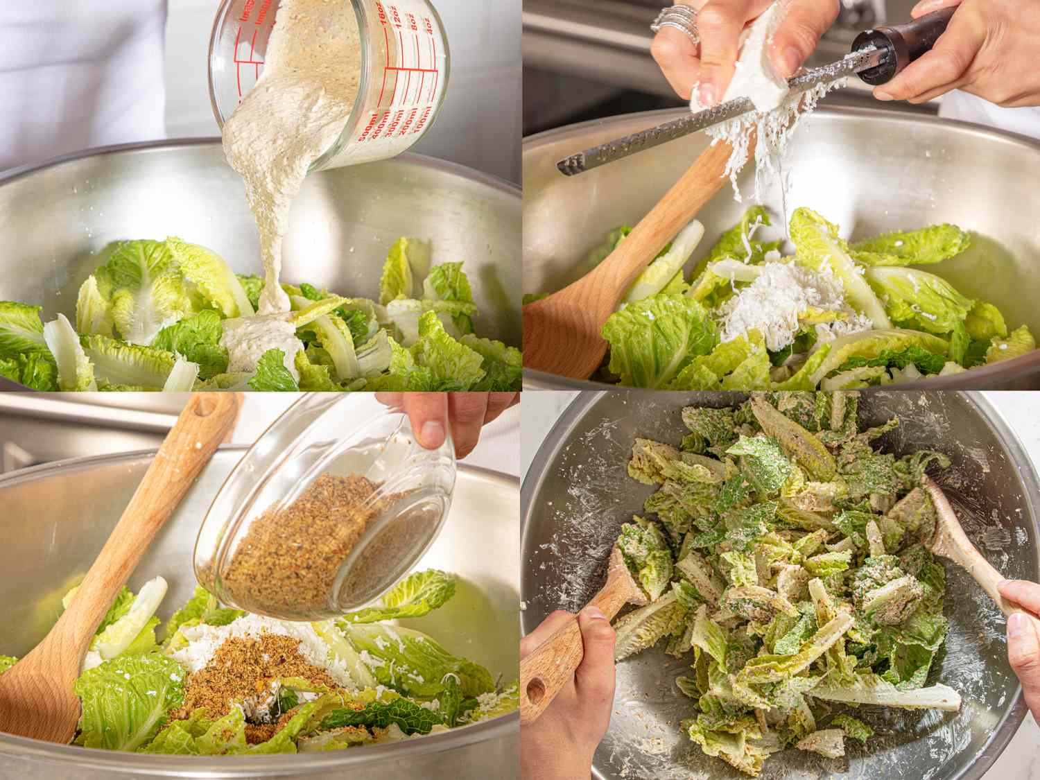 Steps in preparing a Caesar salad with feta and zaatar