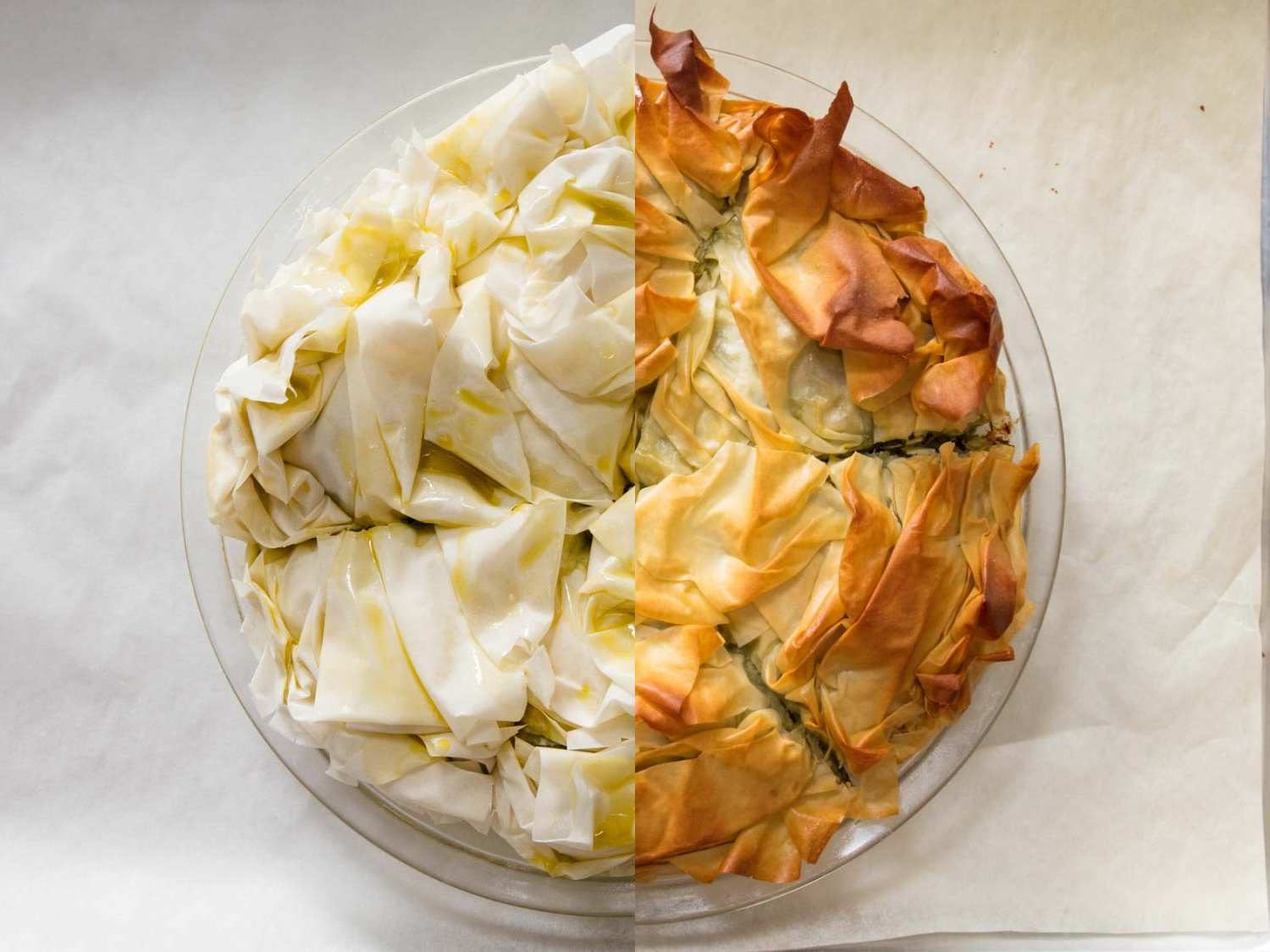 spanakopita, before and after baking
