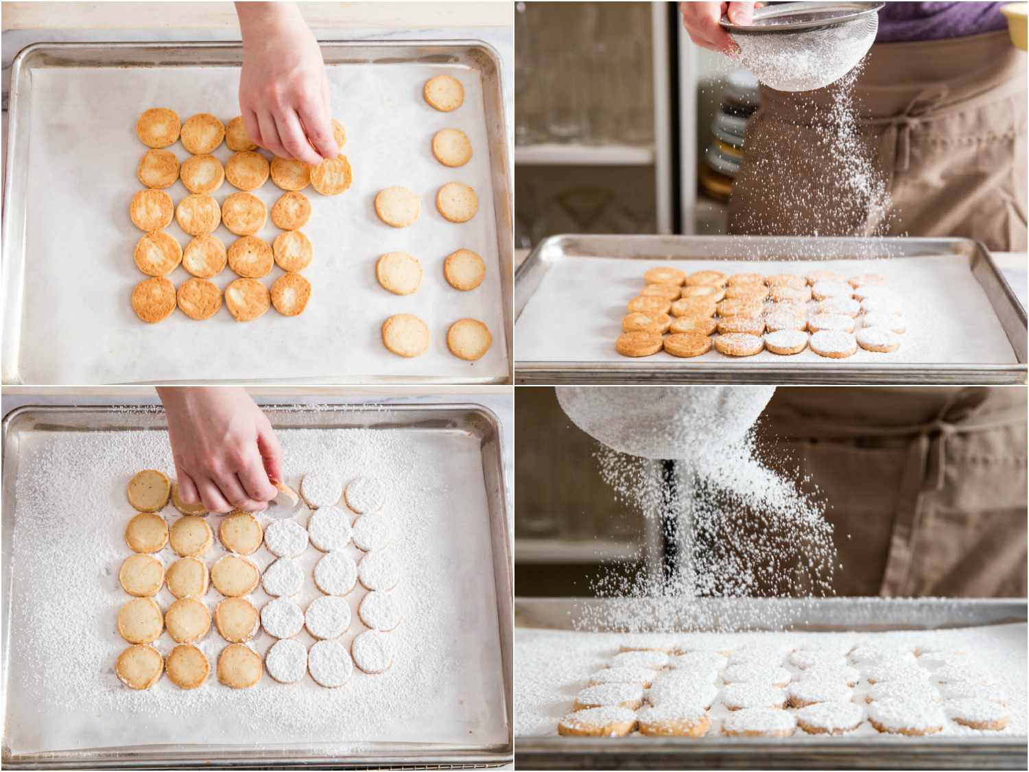 Collage of baked lemon meltaways being covered in powdered sugar
