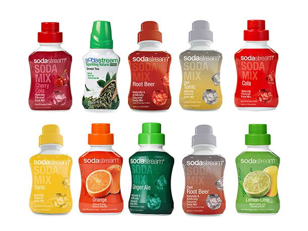 Ten bottles of different soda stream flavors on a white background.