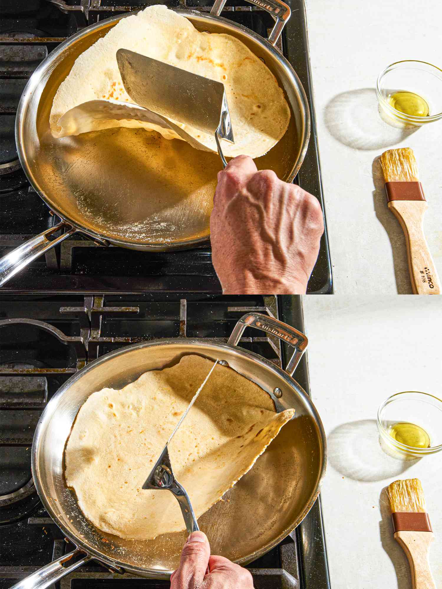 Two image collage of flipping dough