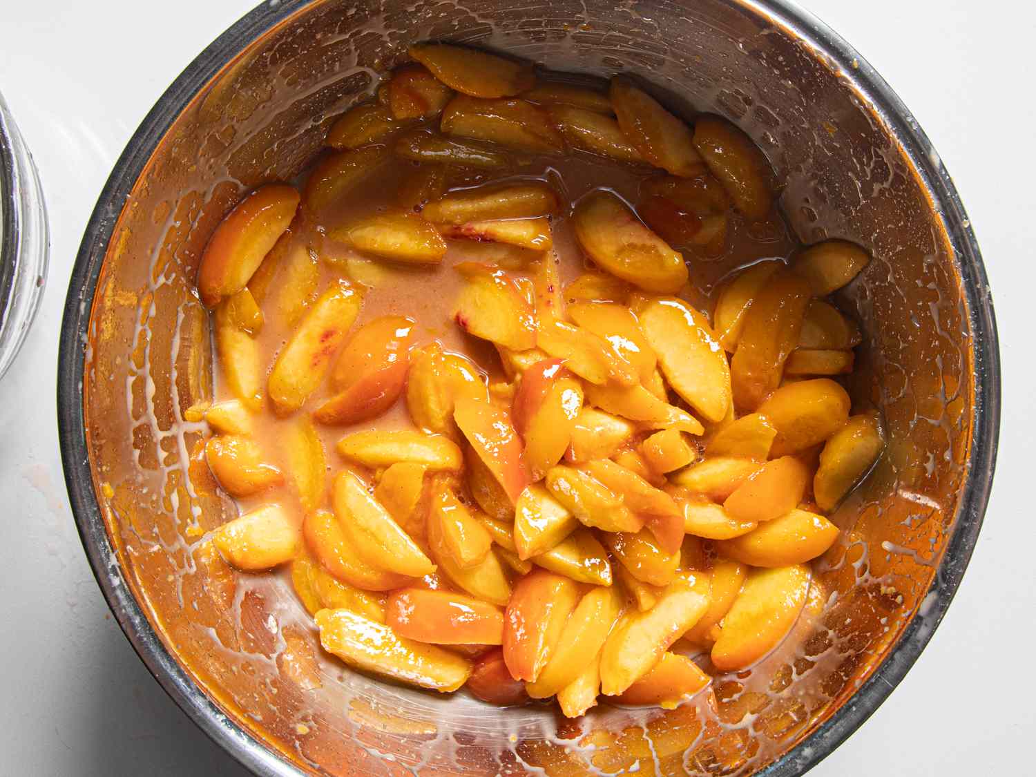 Overhead view of peaches in mixture