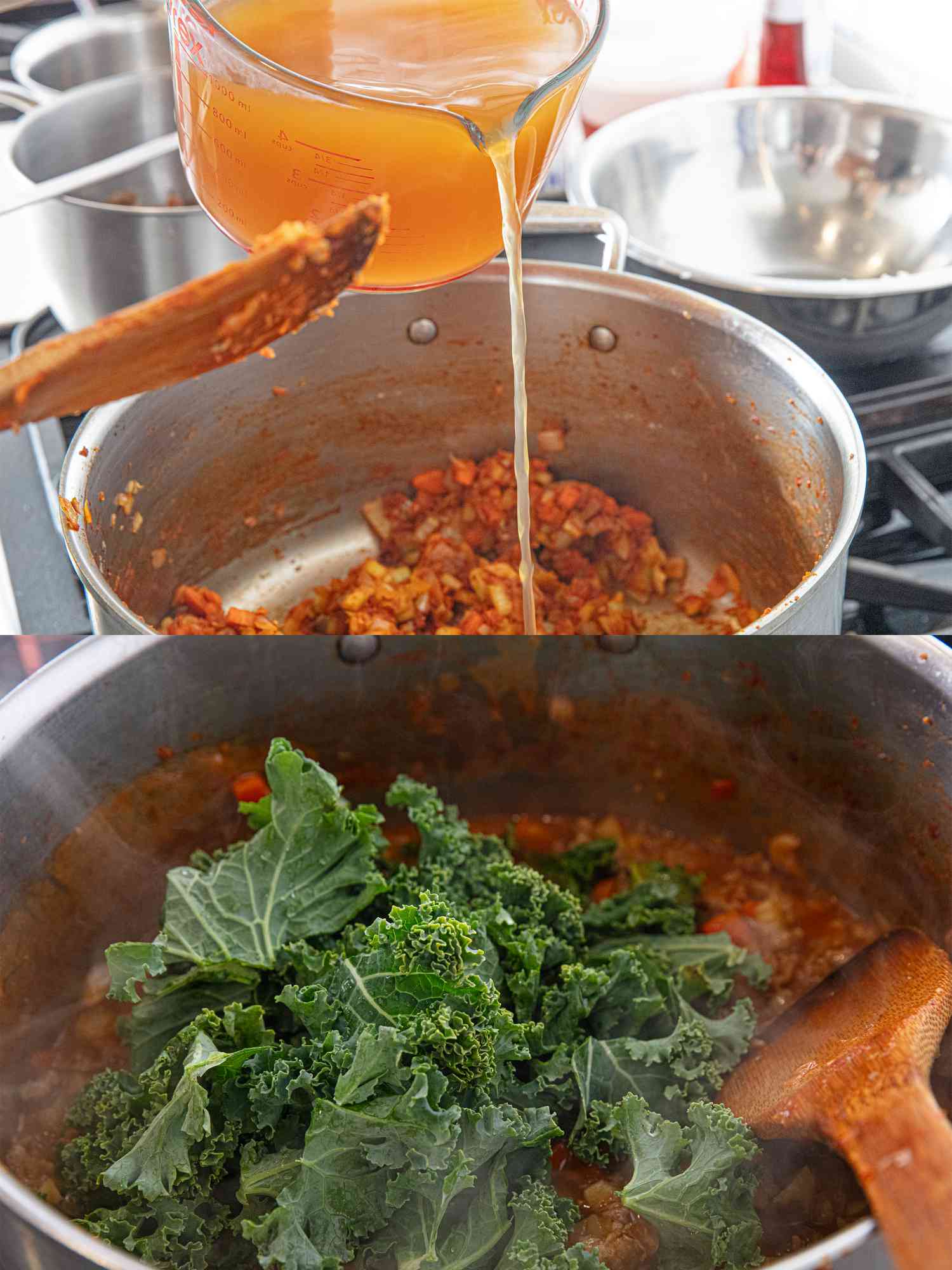 Two image collage of adding stock and kale