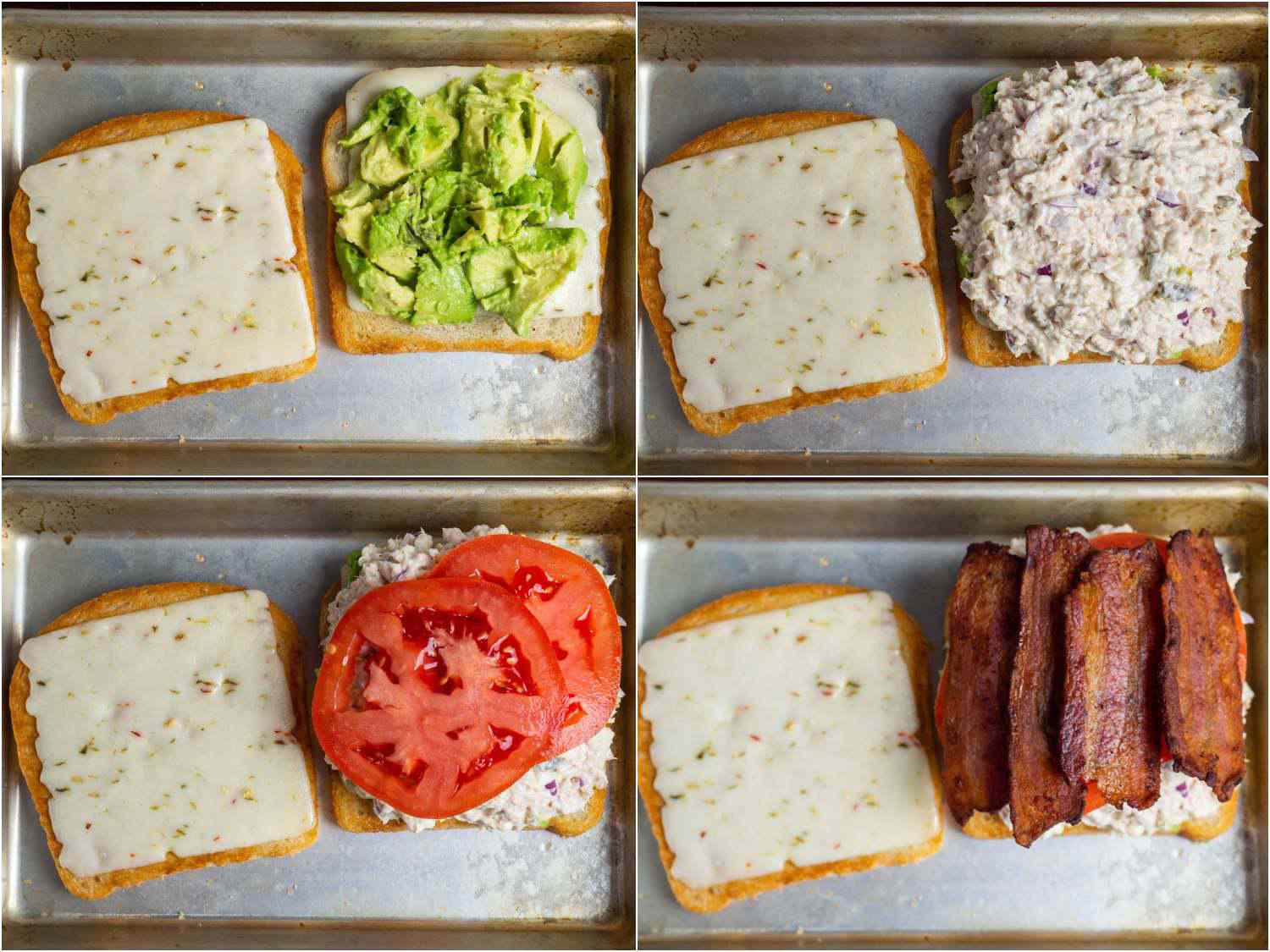 Layering add-ins in a tuna melt like avocado, sliced tomato, and bacon