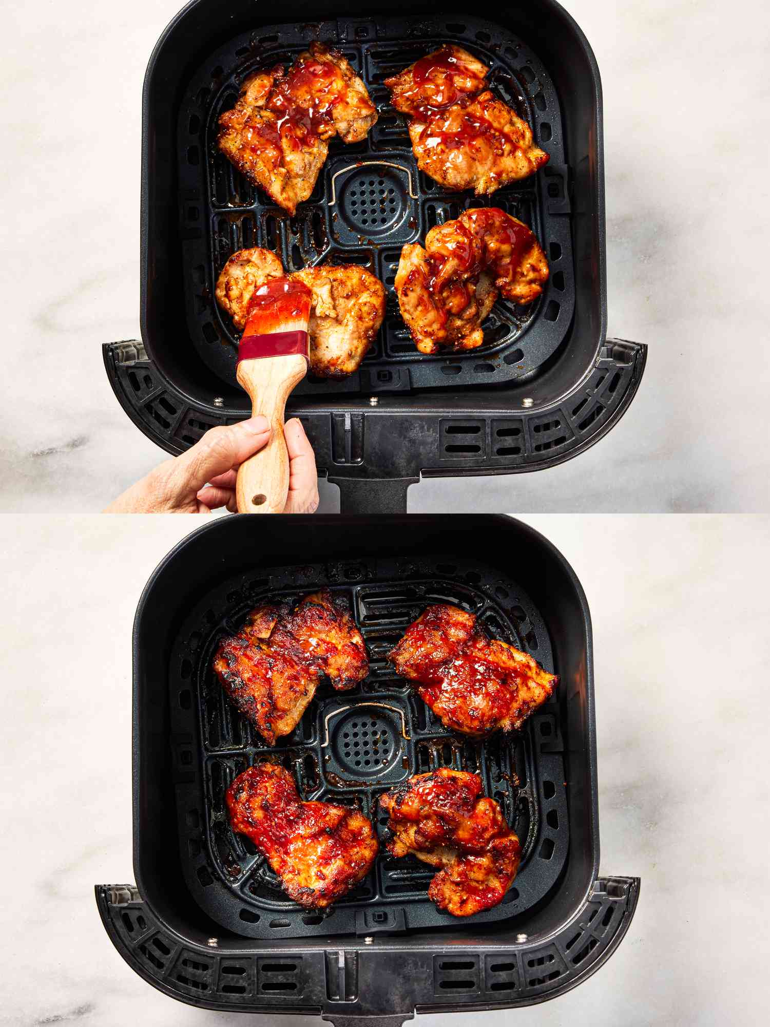 Two image collage of brushing with bbq sauce and finished chicken