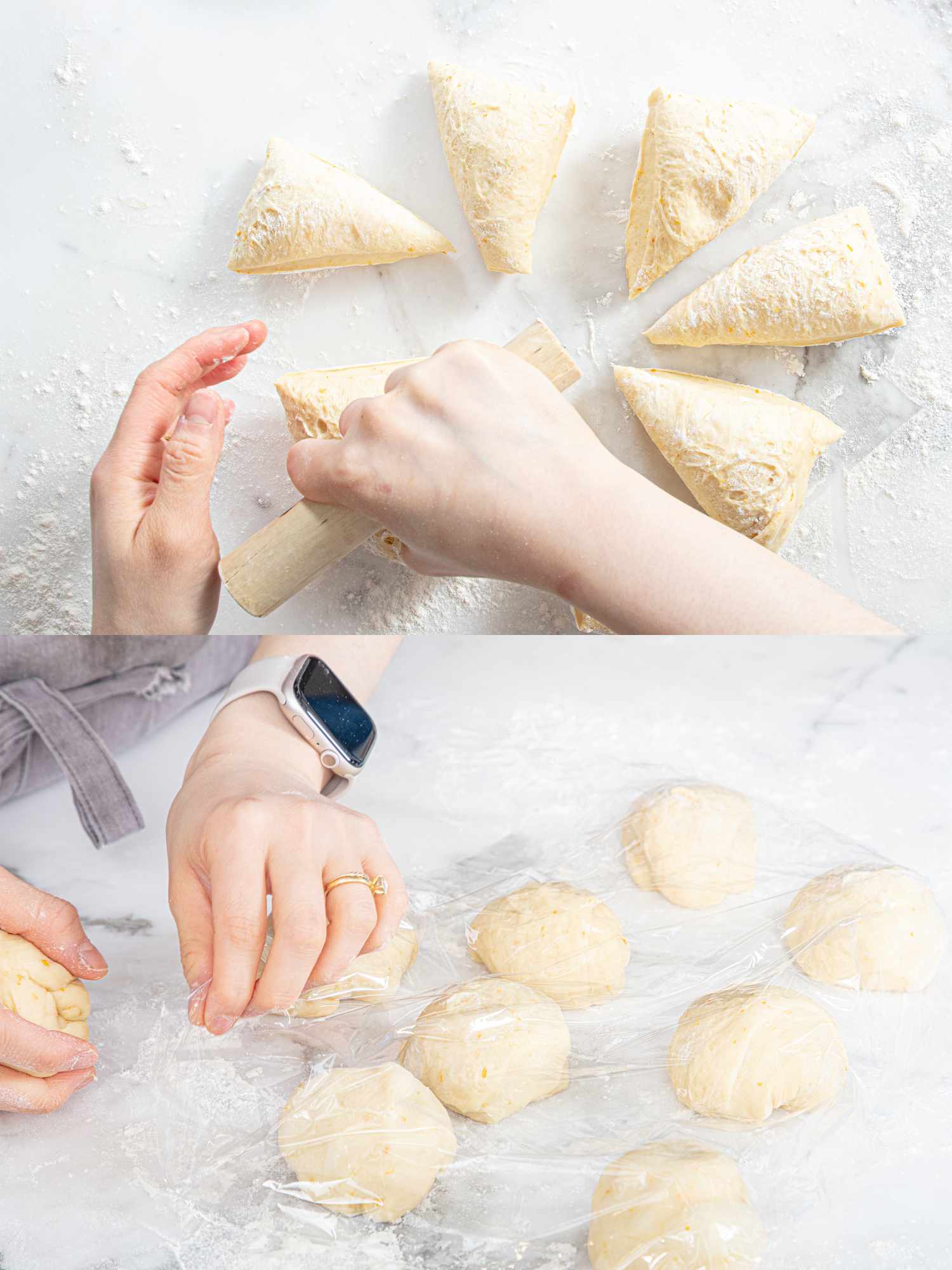 Two image collage of cutting into 8 and forming balls