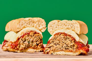 Side view of cut meatball sub