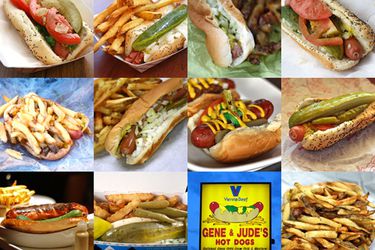 A collage of Chicago-style hot dogs from different purveyors, and a shot of Gene and Jude's sign (spoiler).