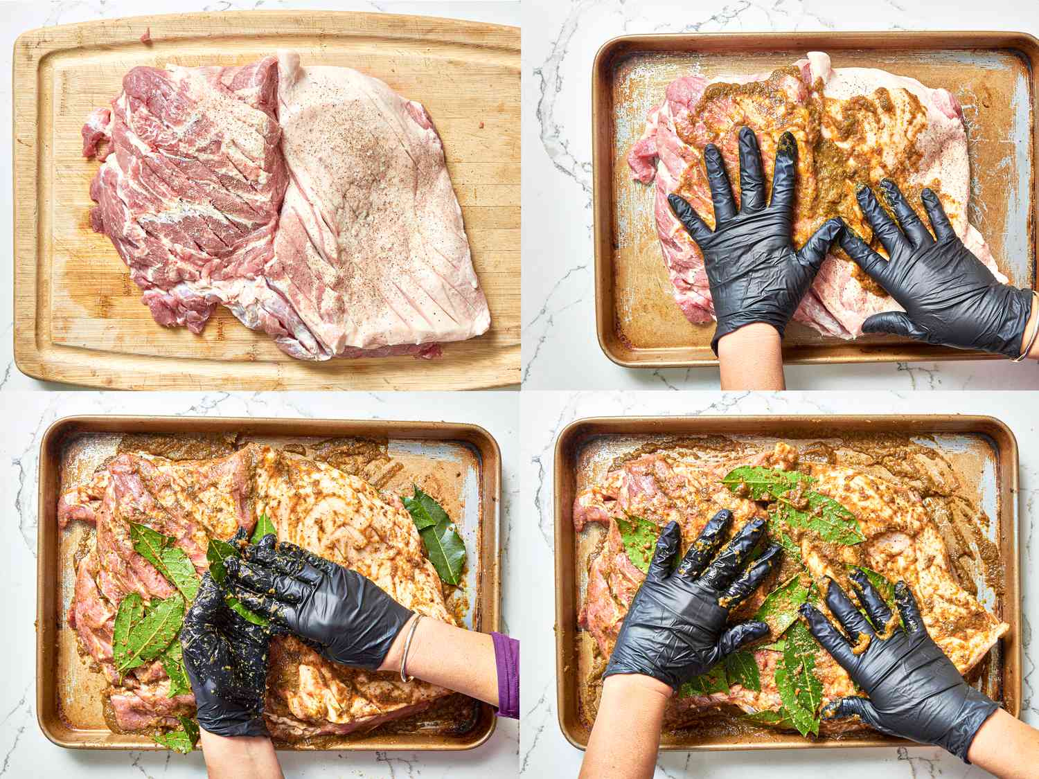 Four image collage of salting, and rubbing marinade and bay leaves all over the pork 