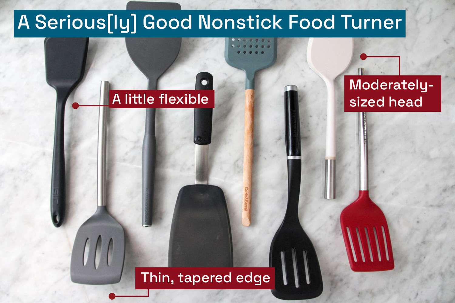 A collection of nonstick food turners on a marble background.