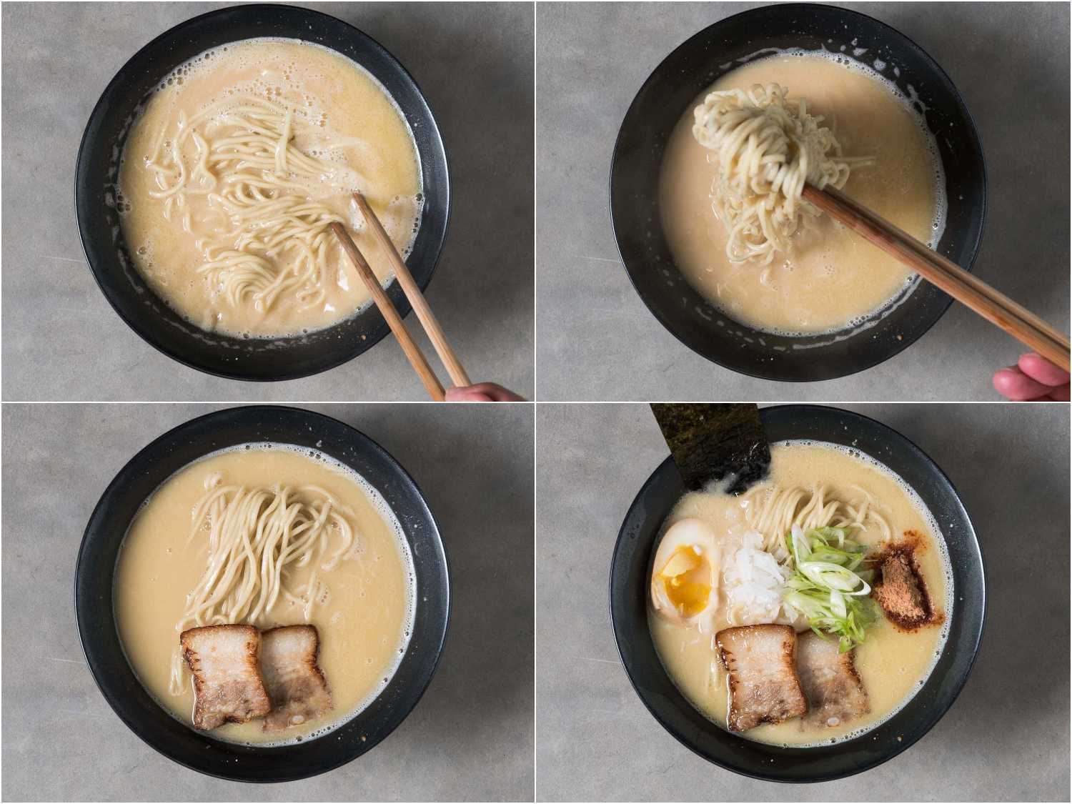 Collage of assembly of chicken paitan ramen
