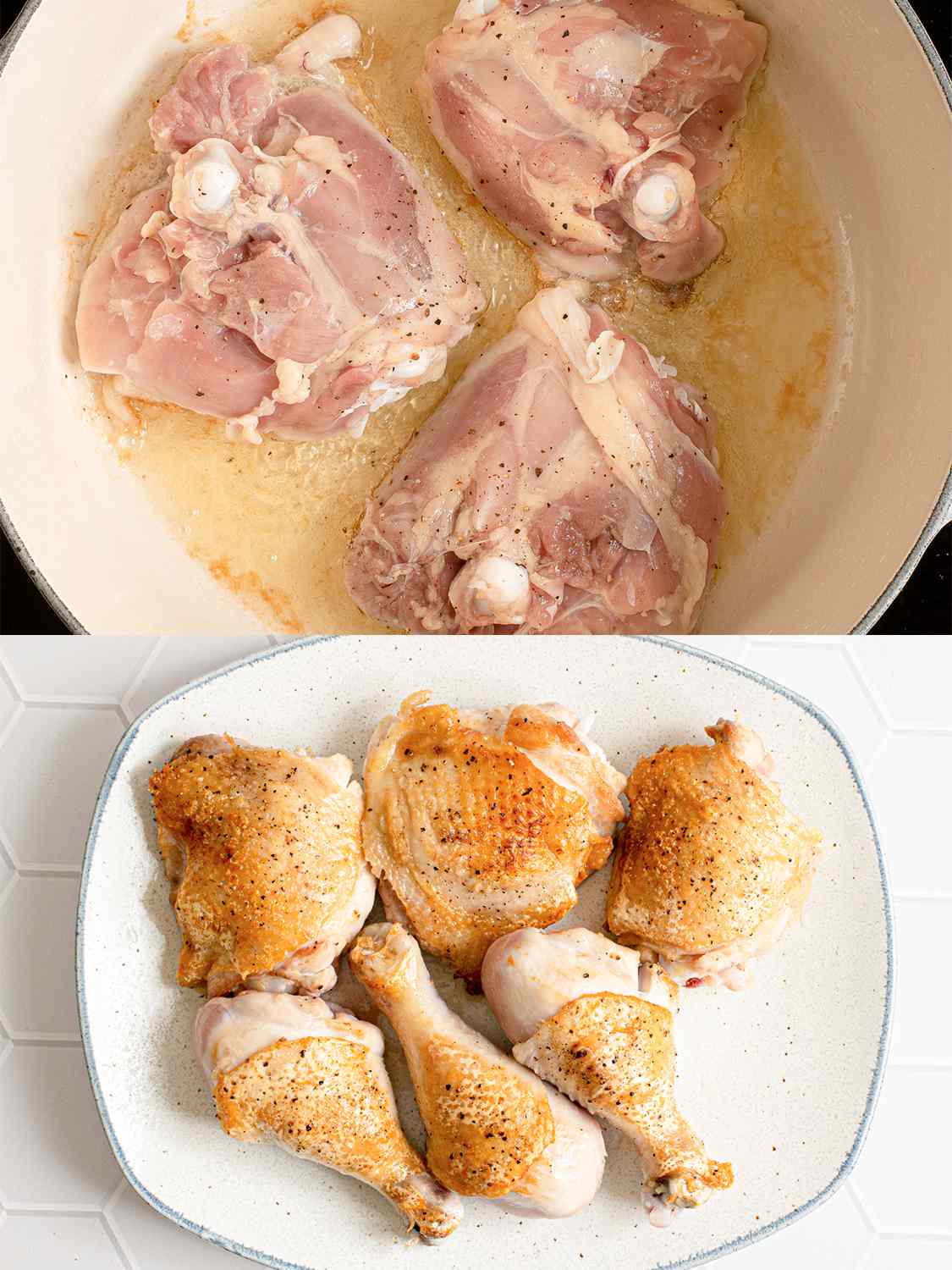 A two-image collage. The top image shows three chicken thighs placed skin-side down into a large Dutch oven filled with hot oil. The bottom image shows all six pieces of chicken (both the thighs and the legs) now cooked, with crispy browned skin, on a white oval platter on a white tile surface.
