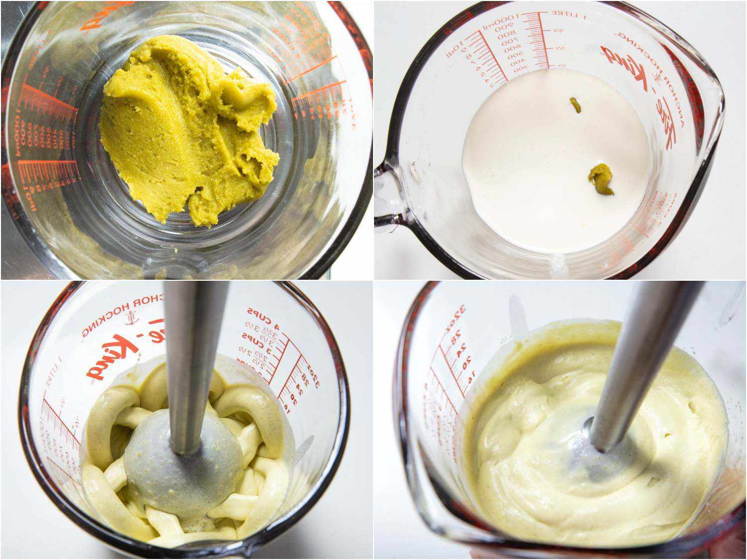 A four-image collage: pistachio paste in a measuring cup, the cream is added to the cup, an immersion blender inside the cup and in the process of whipping the cream.