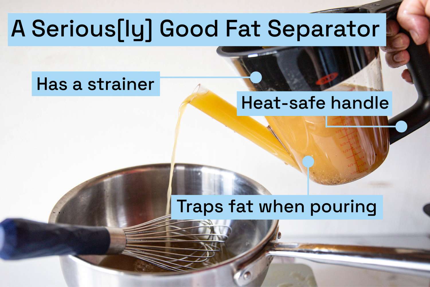 A person pouring liquid out of a fat separator into a saucepan 