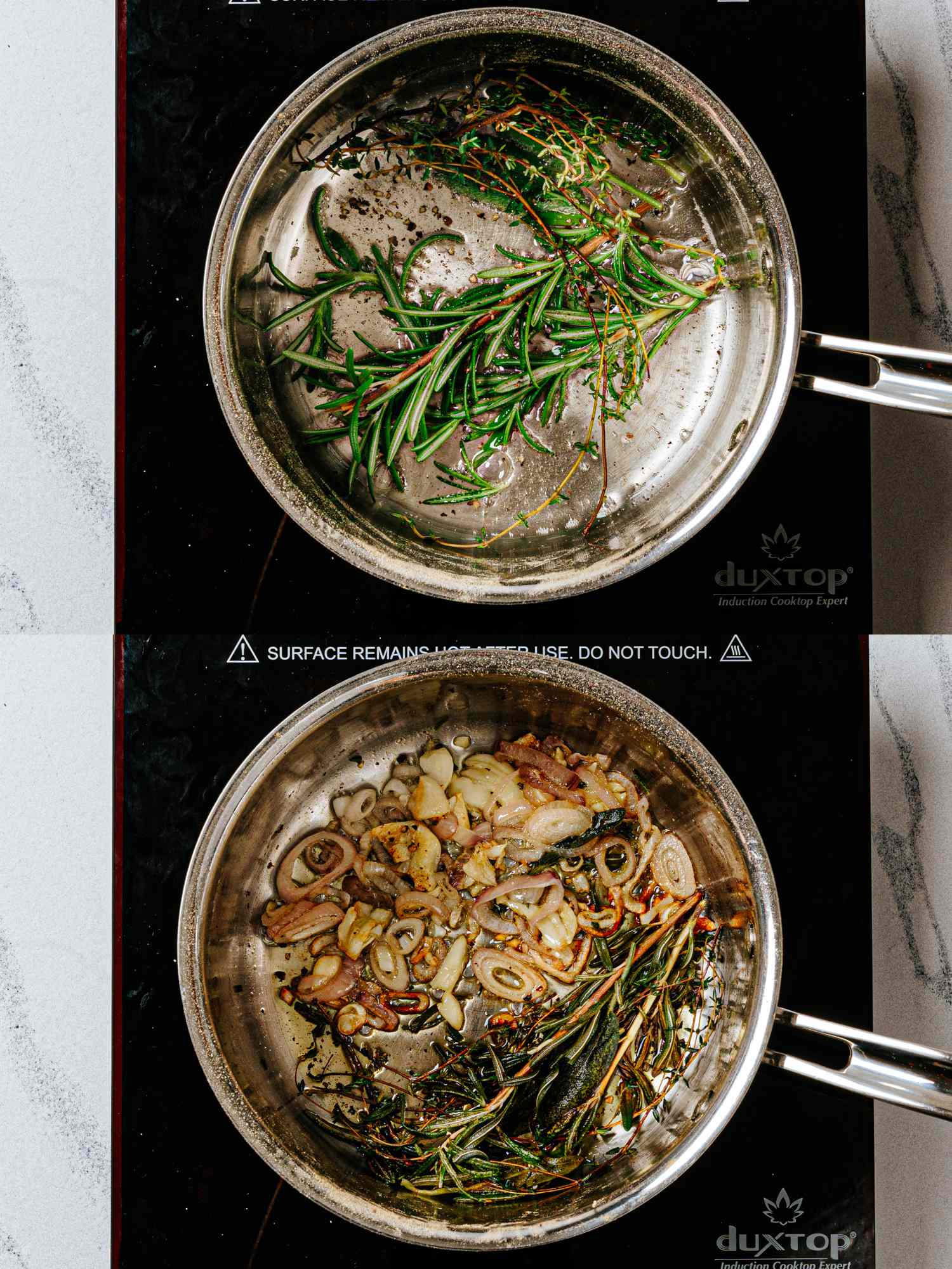 Two cooking steps showing herbs and aromatics simmering in a saucepan on a stovetop